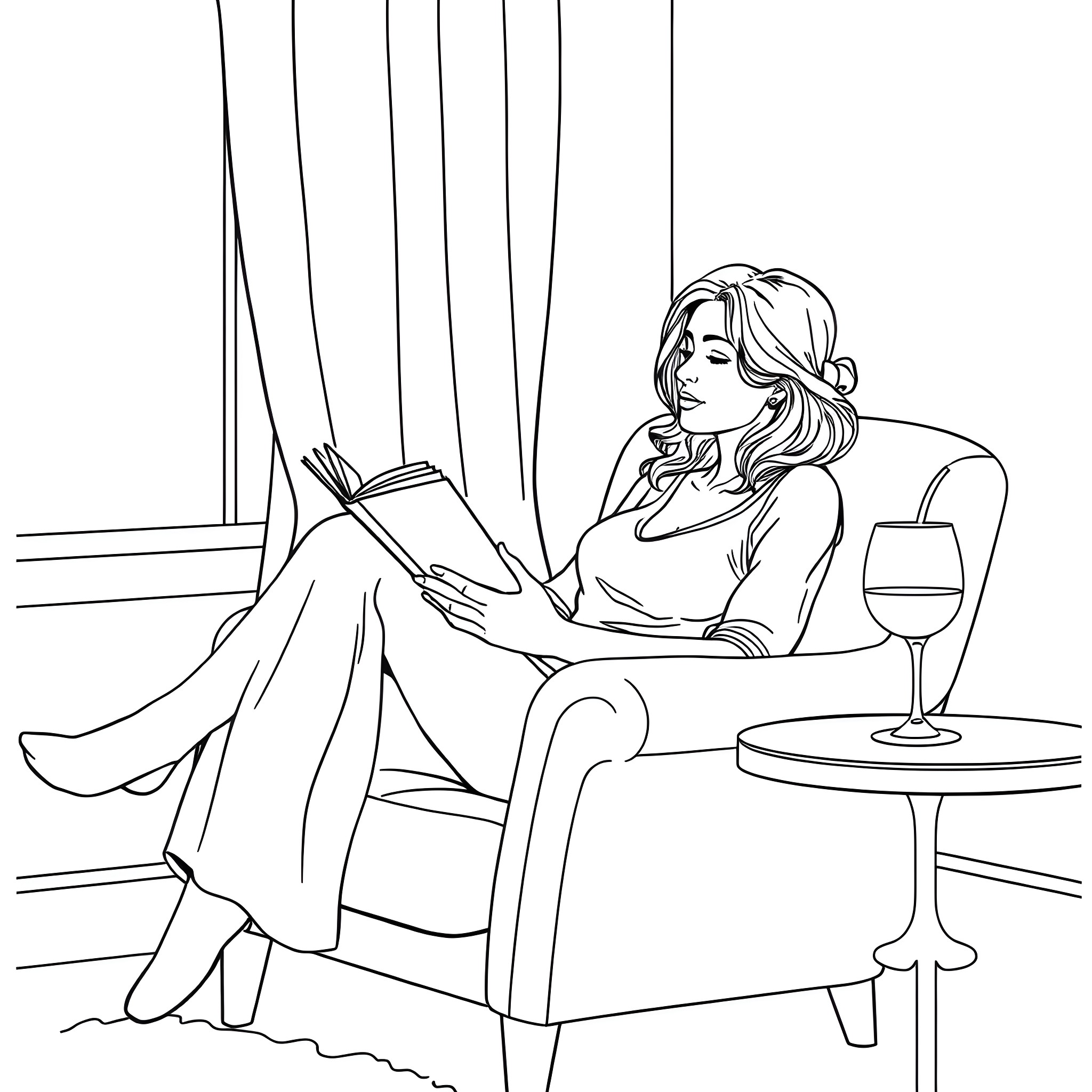Woman relaxing and reading a book on a couch Coloring Page (free black-and-white line drawing printable PDF for all, from beginners to advanced learners, including children, teens, adults, and seniors)