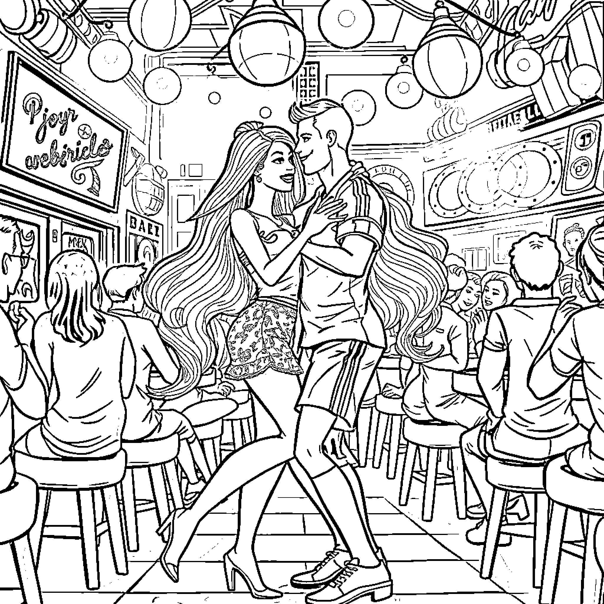 Barbie's Night Out in a Lively Cafe Coloring Page (free black-and-white line drawing printable PDF for all, from beginners to advanced learners, including children, teens, adults, and seniors)
