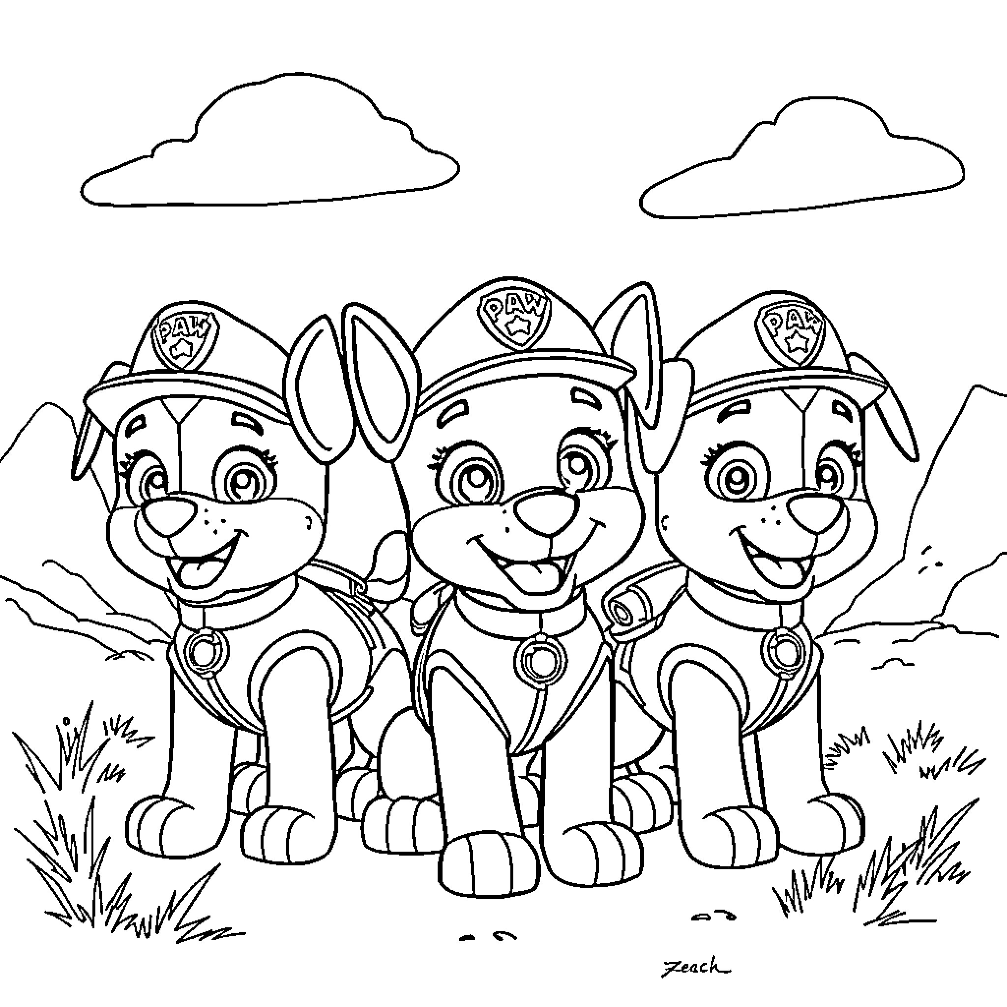 Paw Patrol pups on patrol in the outdoors Coloring Page (free black-and-white line drawing printable PDF for all, from beginners to advanced learners, including children, teens, adults, and seniors)