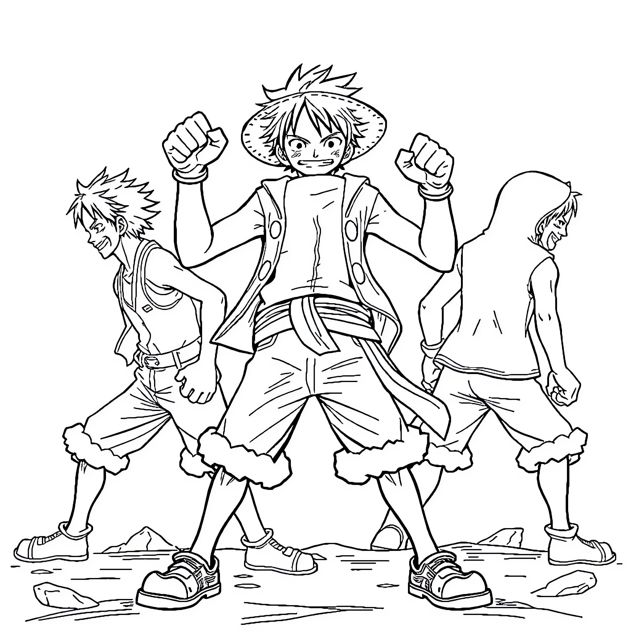 Monkey D Luffy and his Energetic Companions Coloring Page (free black-and-white line drawing printable PDF for all, from beginners to advanced learners, including children, teens, adults, and seniors)