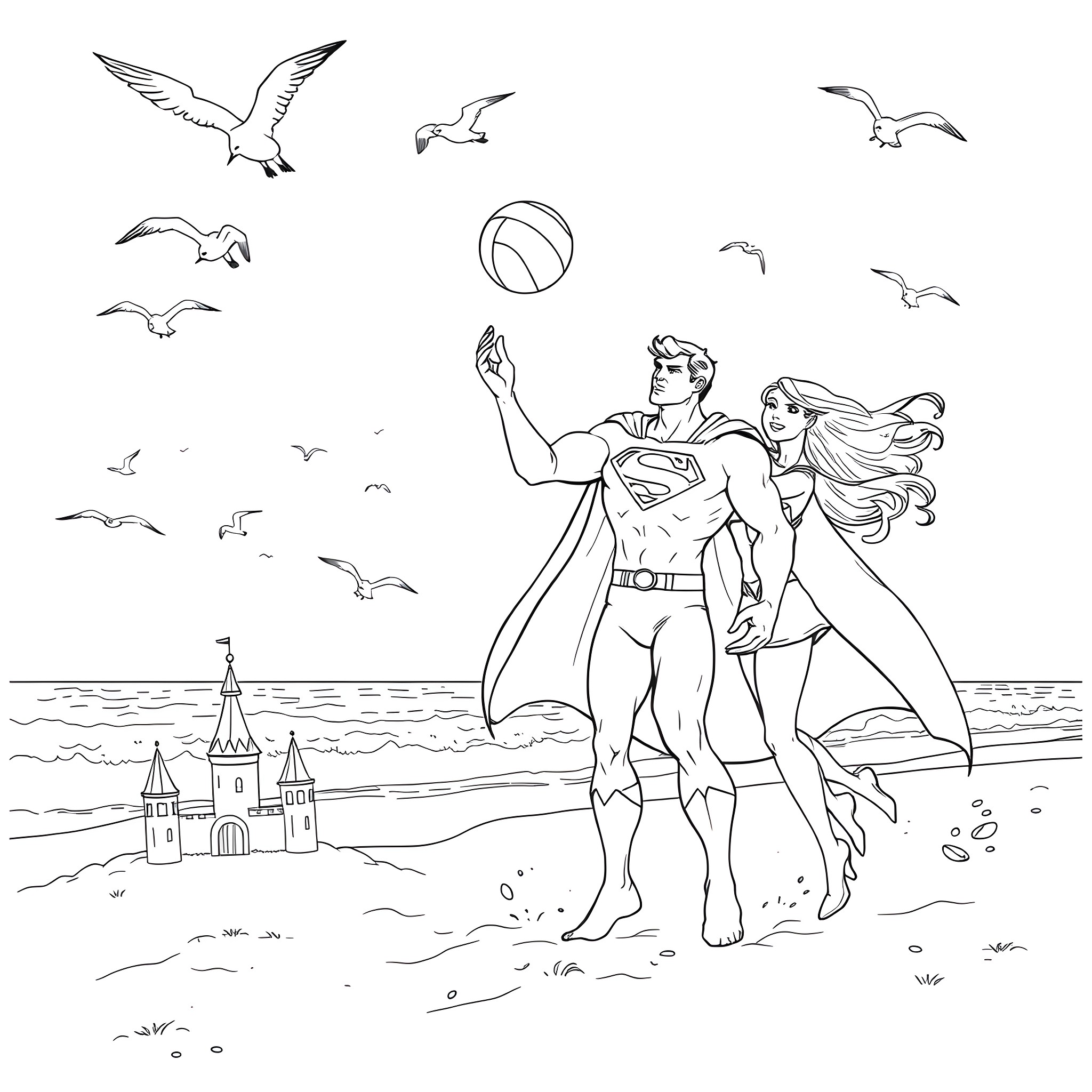 Superman and companion overlooking idyllic beach scene Coloring Page (free black-and-white line drawing printable PDF for all, from beginners to advanced learners, including children, teens, adults, and seniors)