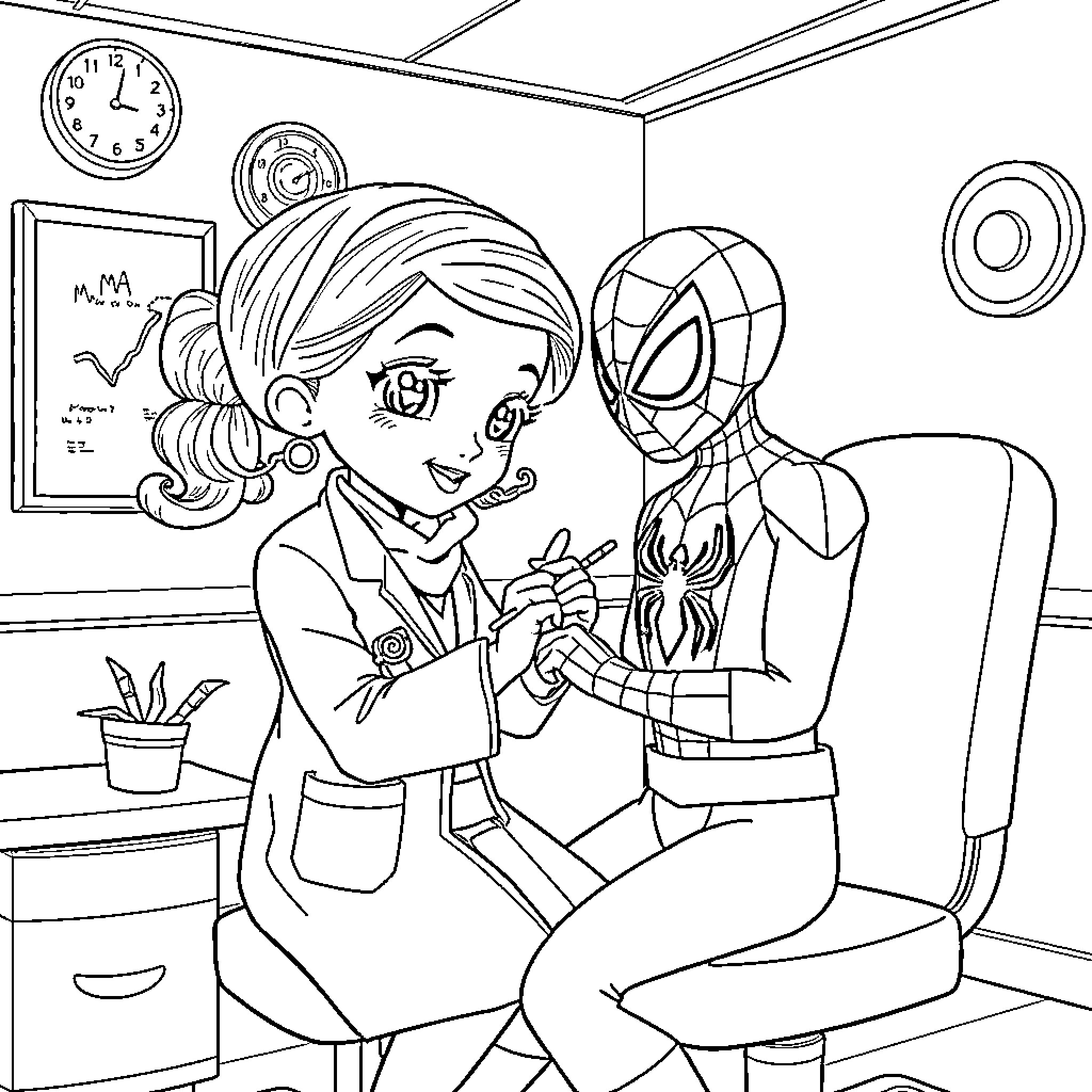 Doc McStuffins Examining Spider-Man in the Clinic Coloring Page (free black-and-white line drawing printable PDF for all, from beginners to advanced learners, including children, teens, adults, and seniors)