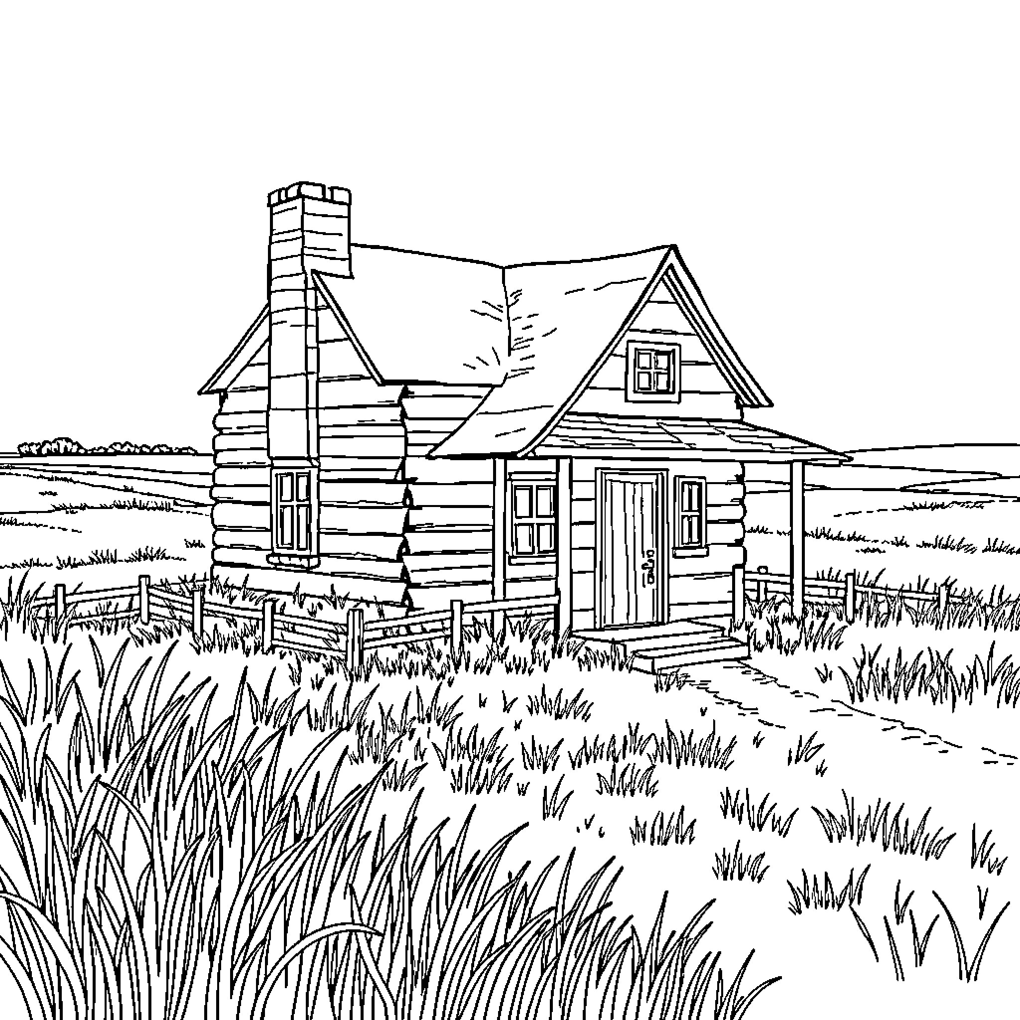 House in a Rustic Countryside Setting Coloring Page (free black-and-white line drawing printable PDF for all, from beginners to advanced learners, including children, teens, adults, and seniors)