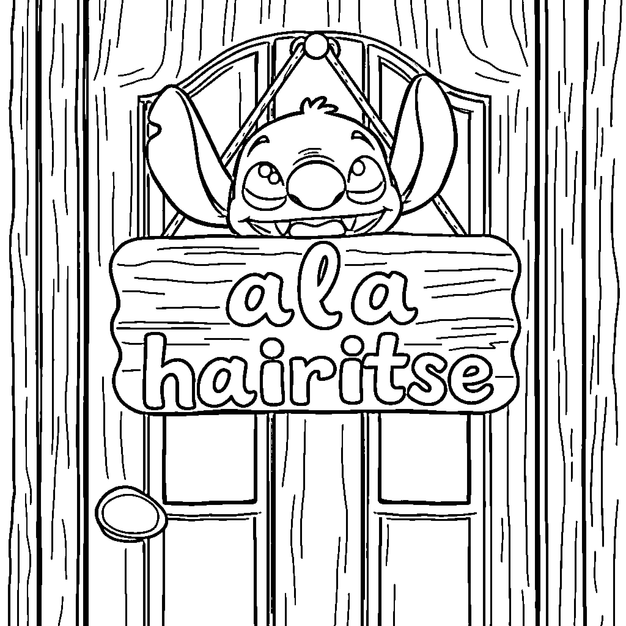Stitch peeking out from a signage for 'Ala Hairitse' Coloring Page (free black-and-white line drawing printable PDF for all, from beginners to advanced learners, including children, teens, adults, and seniors)