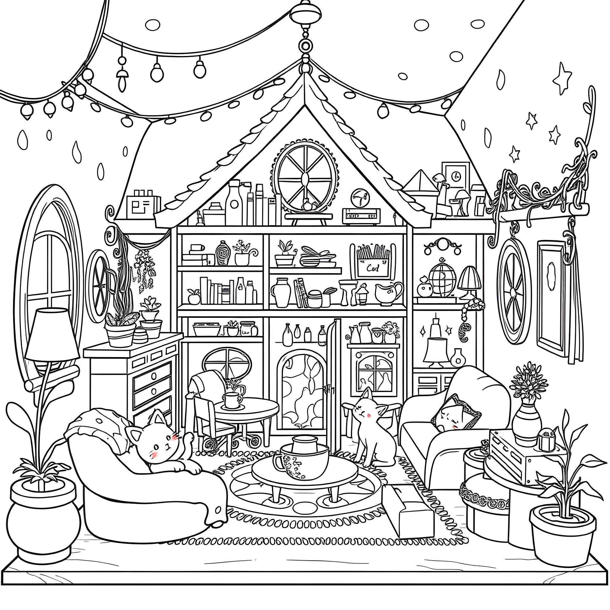 Gabby's Cozy Cottage Filled with Whimsical Treasures Coloring Page (free black-and-white line drawing printable PDF for all, from beginners to advanced learners, including children, teens, adults, and seniors)