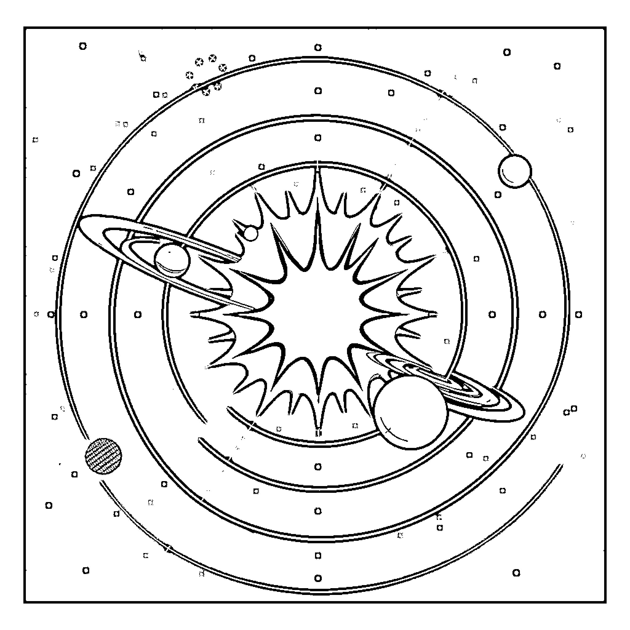 Solar System Planets Orbiting the Sun Coloring Page (free black-and-white line drawing printable PDF for all, from beginners to advanced learners, including children, teens, adults, and seniors)
