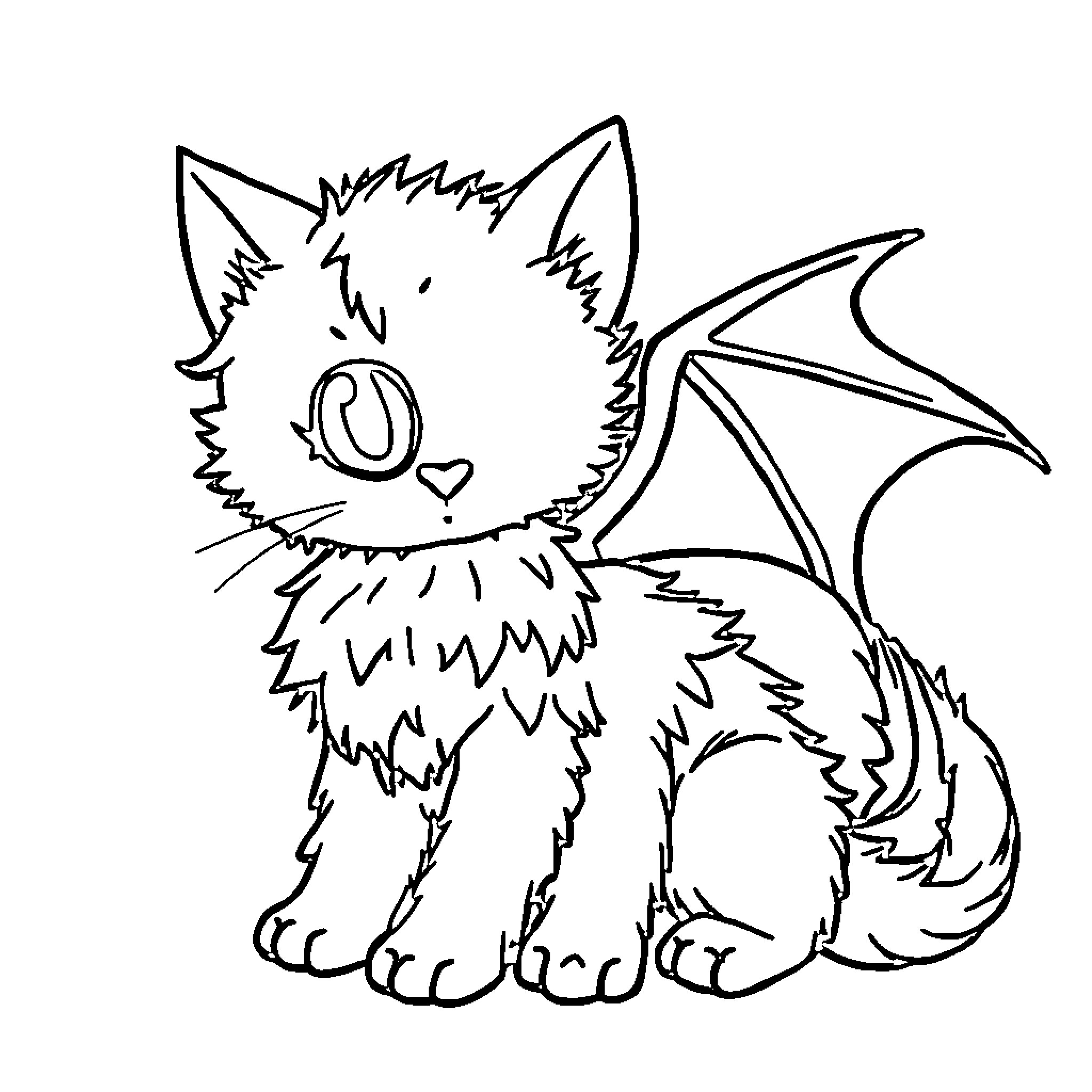 Cat Dragon with Bat-like Wings Coloring Page (free black-and-white line drawing printable PDF for all, from beginners to advanced learners, including children, teens, adults, and seniors)
