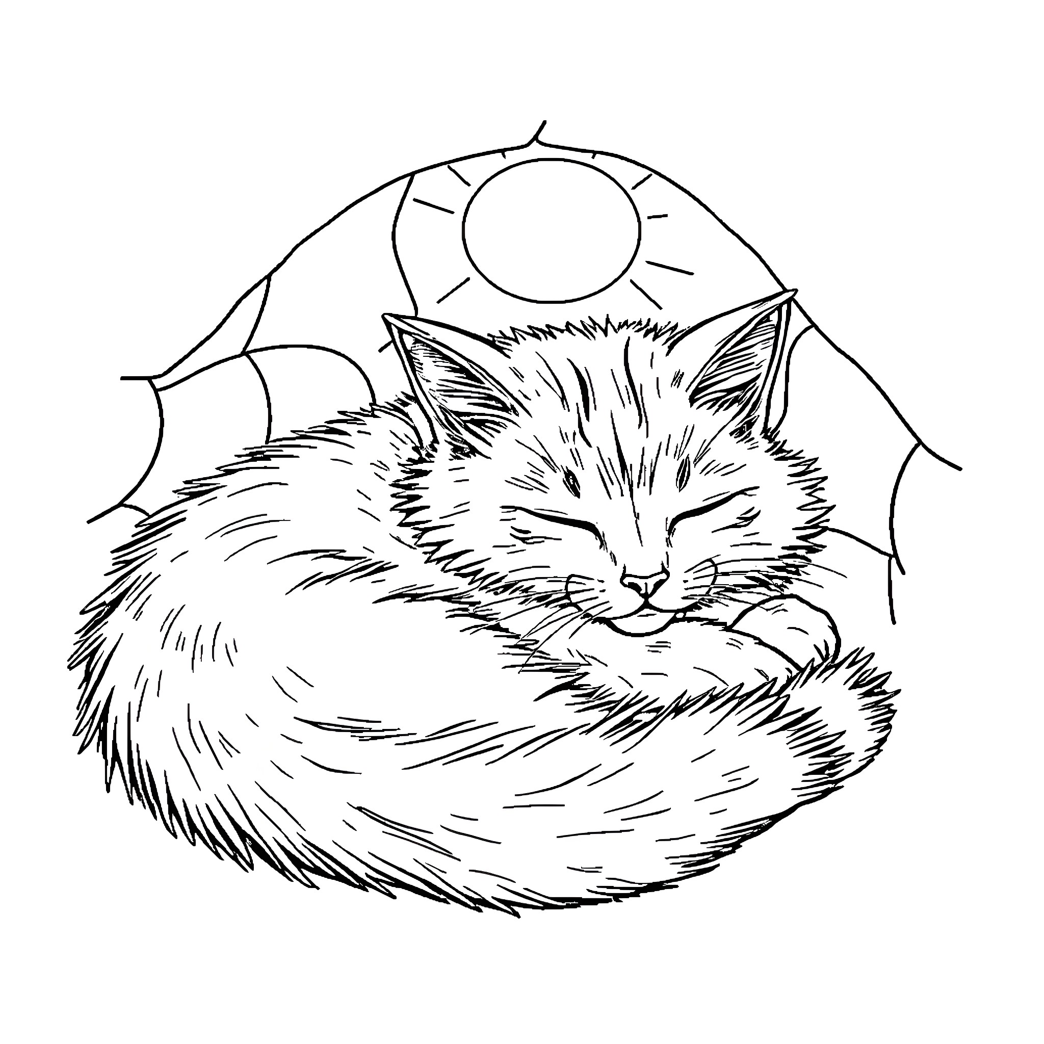 Cat napping peacefully in the moonlight Coloring Page (free black-and-white line drawing printable PDF for all, from beginners to advanced learners, including children, teens, adults, and seniors)