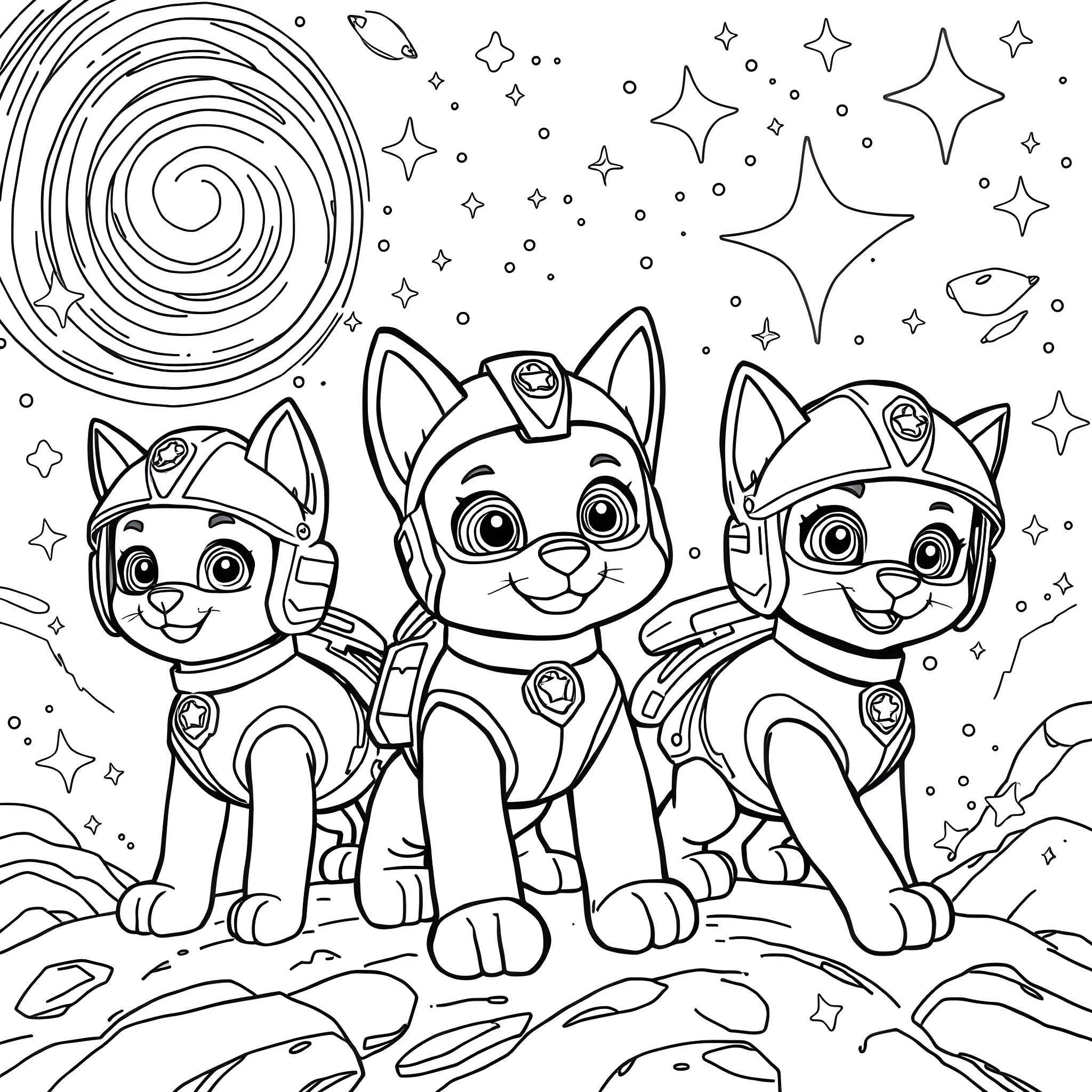 Kitty Paw Patrol Puppies in Cosmic Space Coloring Page (free black-and-white line drawing printable PDF for all, from beginners to advanced learners, including children, teens, adults, and seniors)