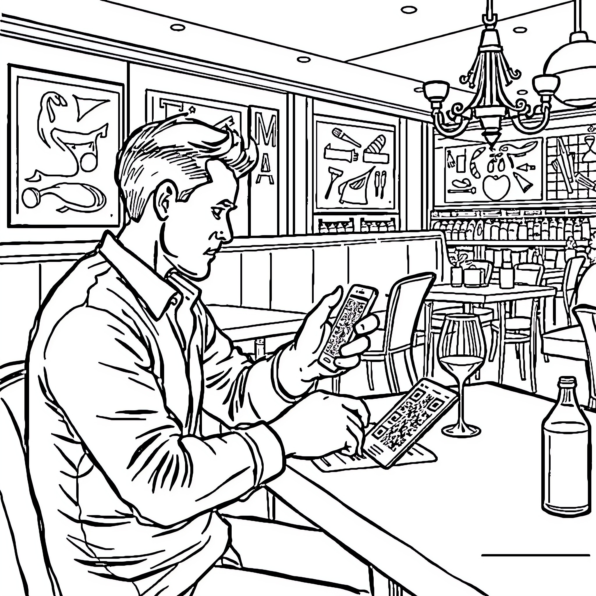 Man using mobile device in retro-style cafe Coloring Page (free black-and-white line drawing printable PDF for all, from beginners to advanced learners, including children, teens, adults, and seniors)