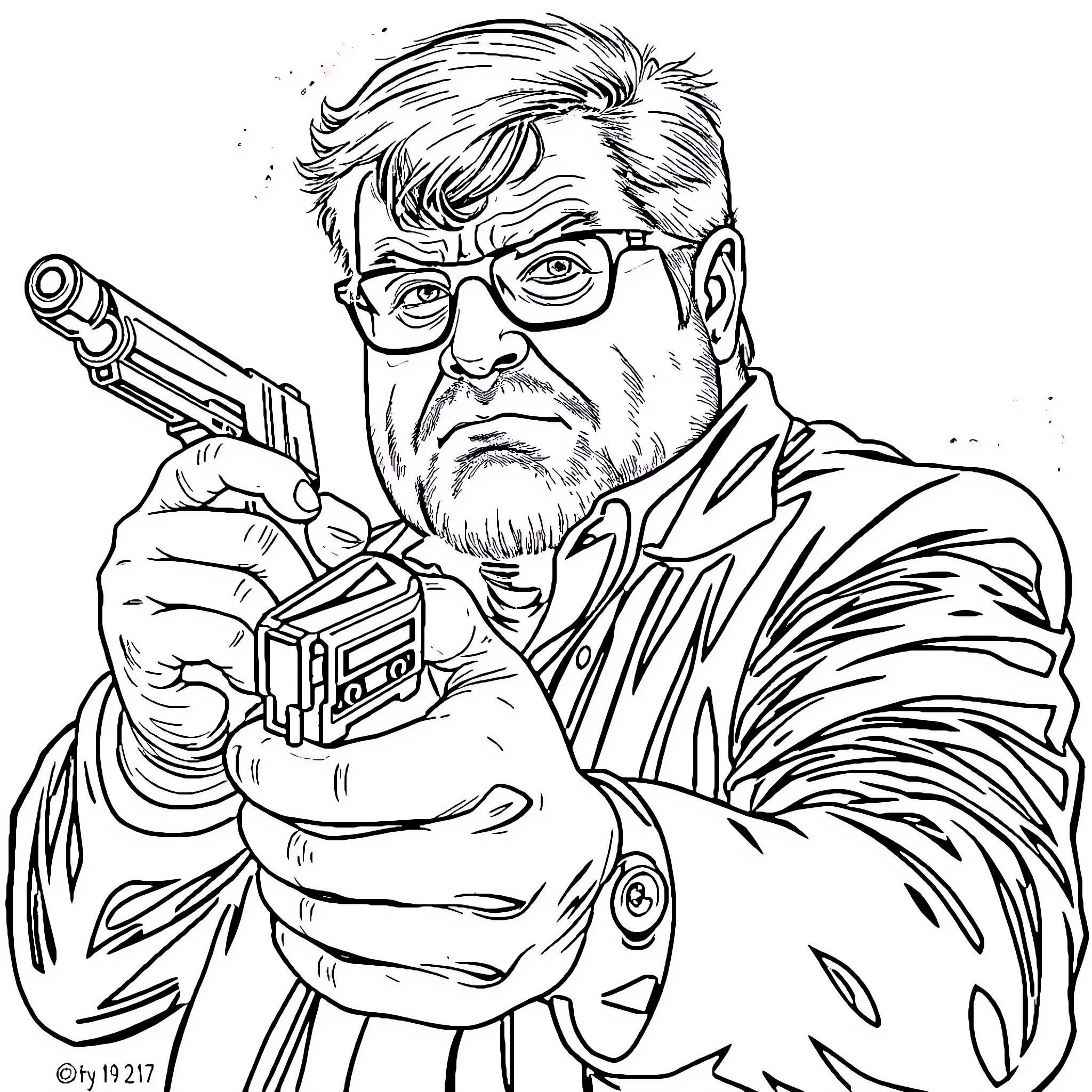 Frank Reynolds in a serious action pose with a gun Coloring Page (free black-and-white line drawing printable PDF for all, from beginners to advanced learners, including children, teens, adults, and seniors)