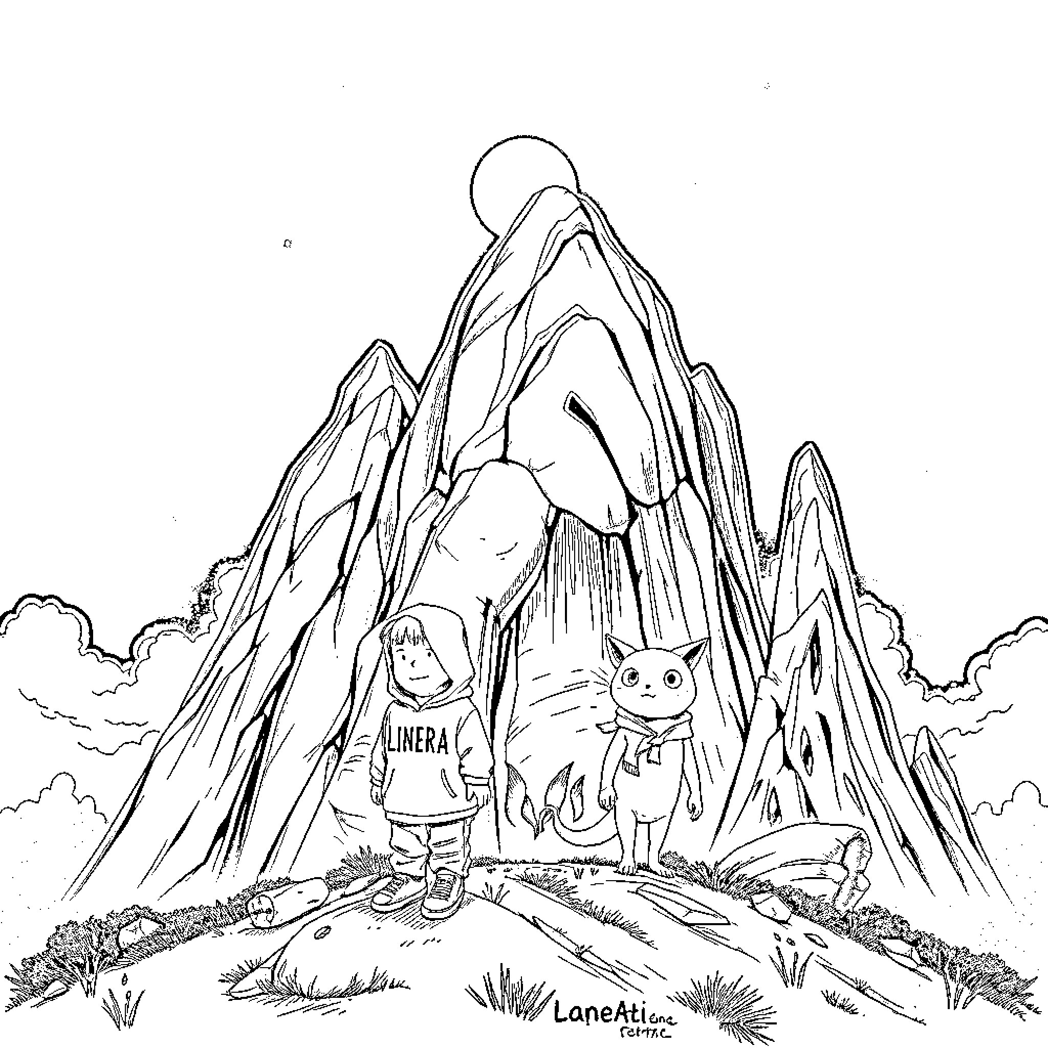 Bear exploring the mountains with a cat companion Coloring Page (free black-and-white line drawing printable PDF for all, from beginners to advanced learners, including children, teens, adults, and seniors)