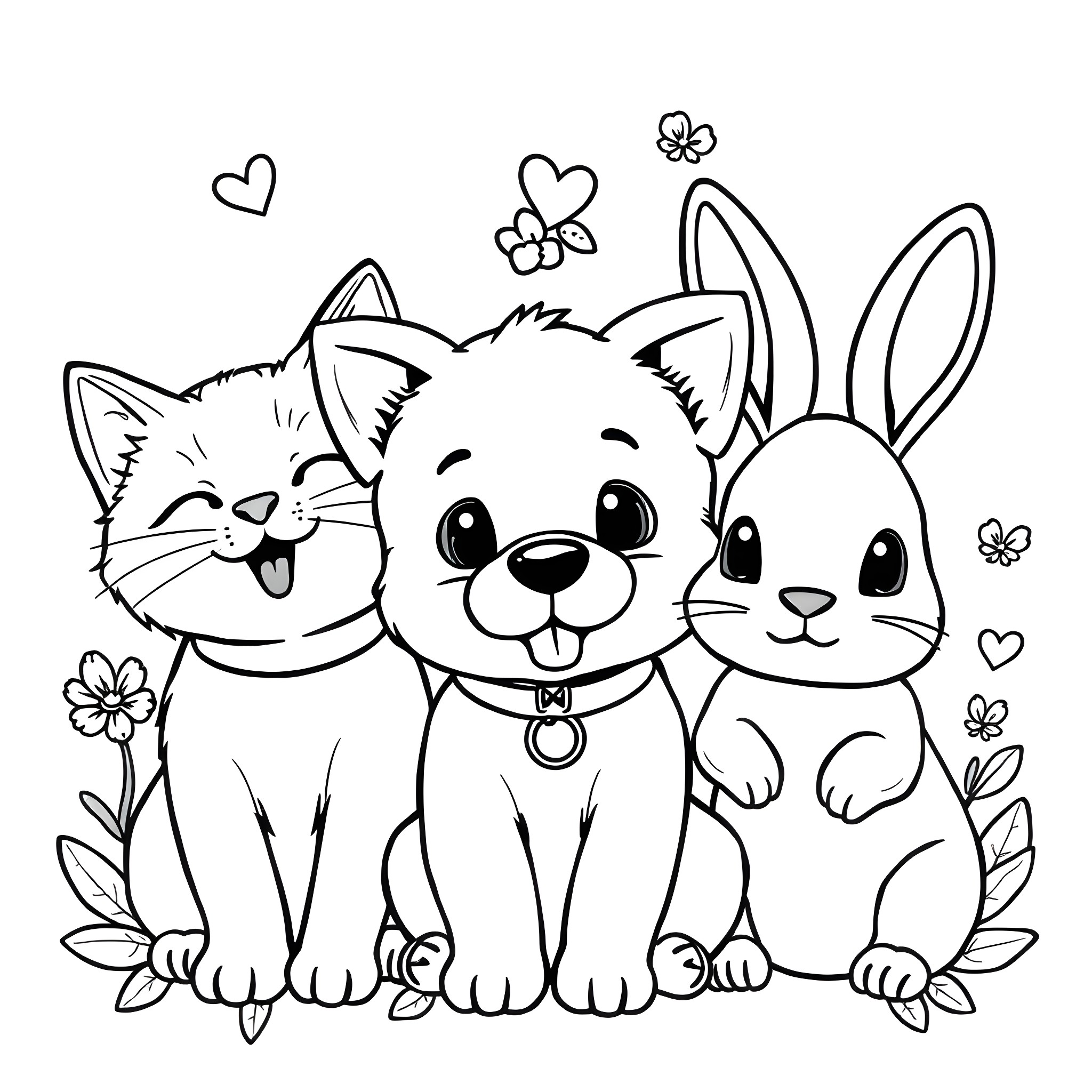 Kawaii Animal Friends with Flowers Coloring Page (free black-and-white line drawing printable PDF for all, from beginners to advanced learners, including children, teens, adults, and seniors)