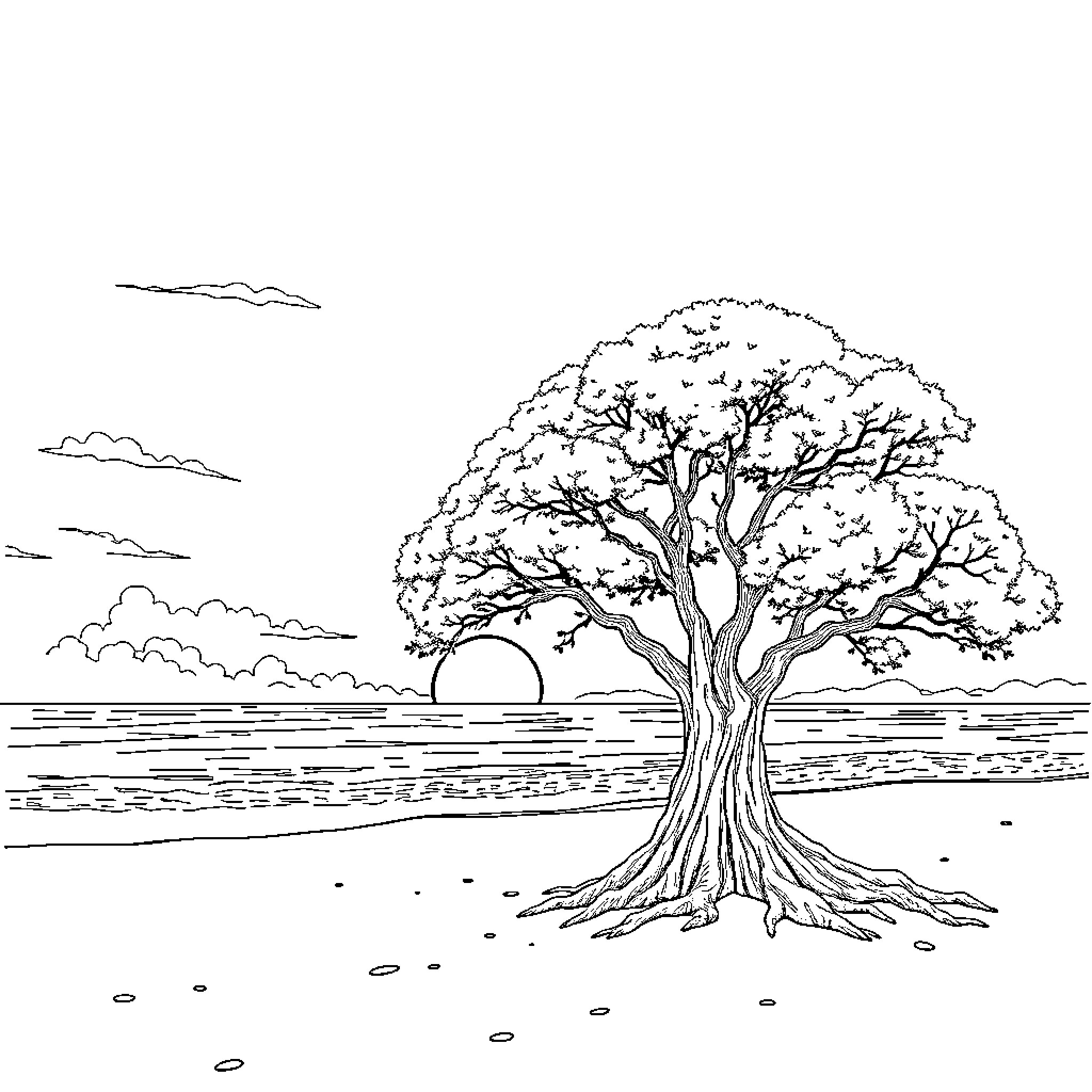 Tree in serene landscape with clouds Coloring Page (free black-and-white line drawing printable PDF for all, from beginners to advanced learners, including children, teens, adults, and seniors)