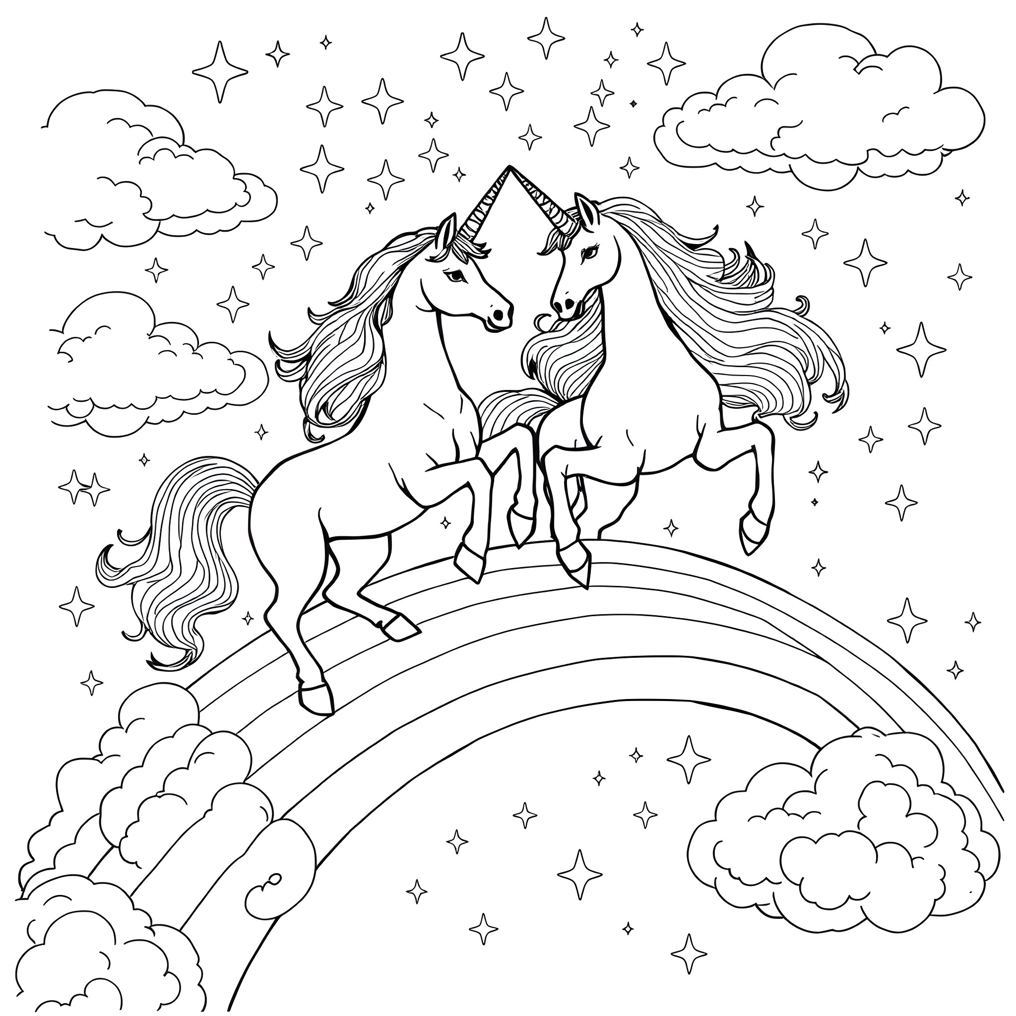 Unicorn duo dancing on a rainbow under starry skies Coloring Page (free black-and-white line drawing printable PDF for all, from beginners to advanced learners, including children, teens, adults, and seniors)