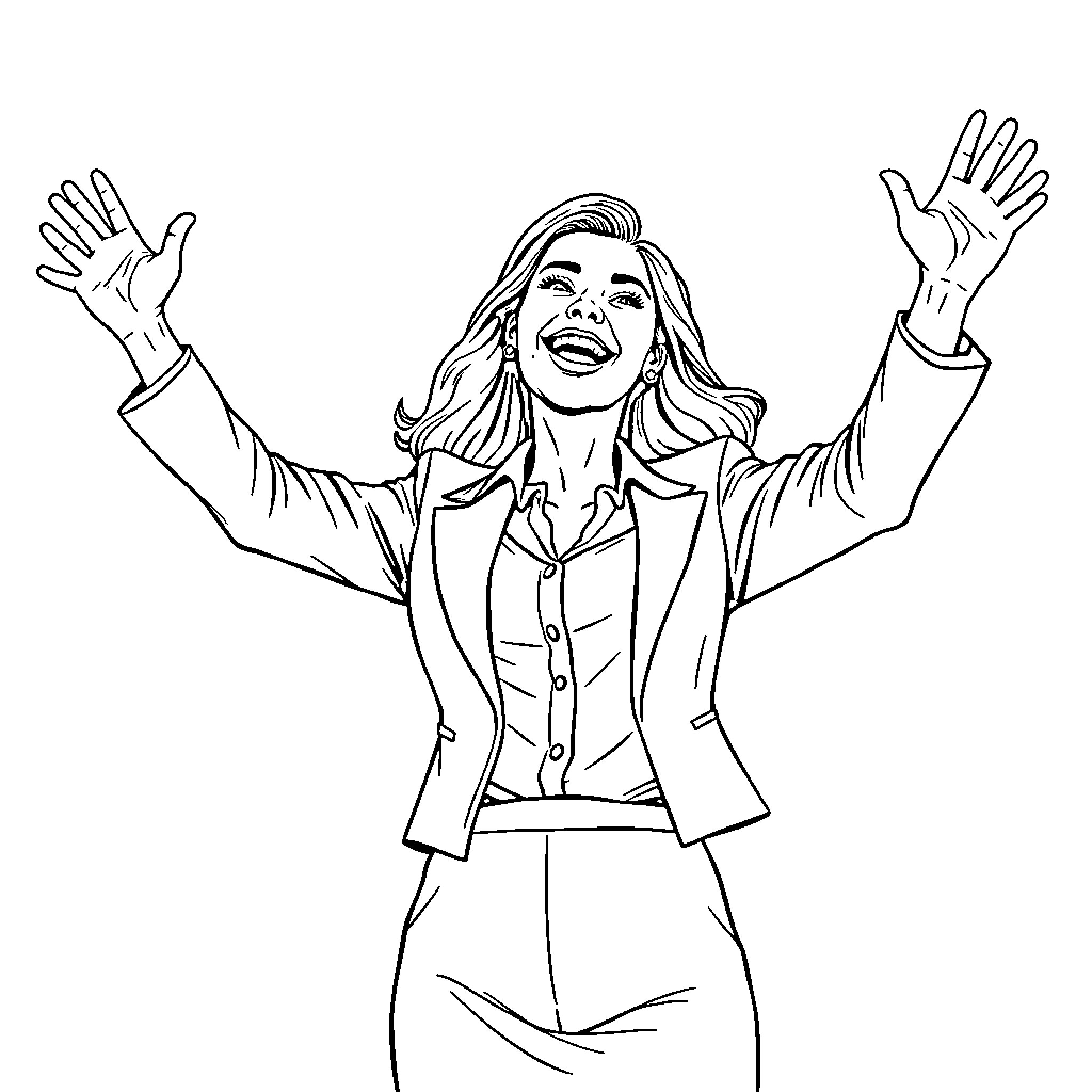 Attorney celebrates with arms raised Coloring Page (free black-and-white line drawing printable PDF for all, from beginners to advanced learners, including children, teens, adults, and seniors)