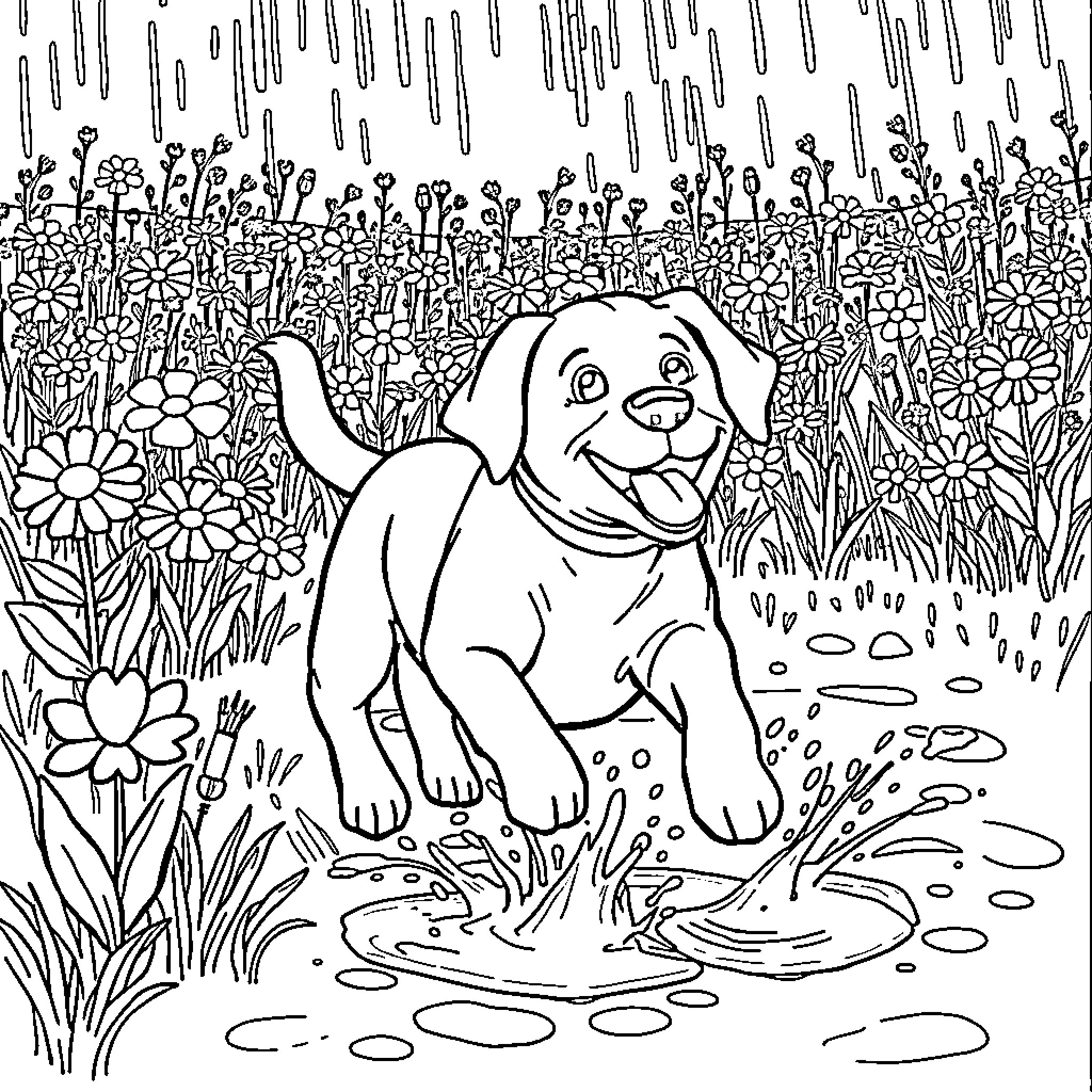 Lab Dog Playing in Flower Garden Coloring Page (free black-and-white line drawing printable PDF for all, from beginners to advanced learners, including children, teens, adults, and seniors)