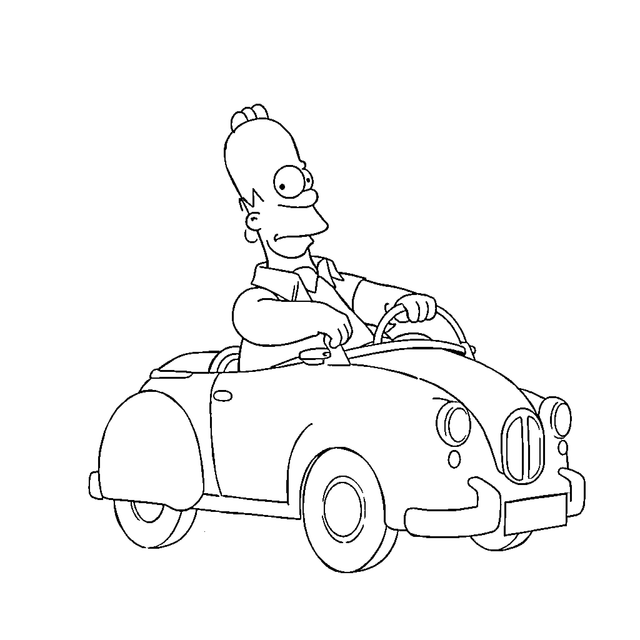 Homer Simpson driving a quirky car Coloring Page (free black-and-white line drawing printable PDF for all, from beginners to advanced learners, including children, teens, adults, and seniors)