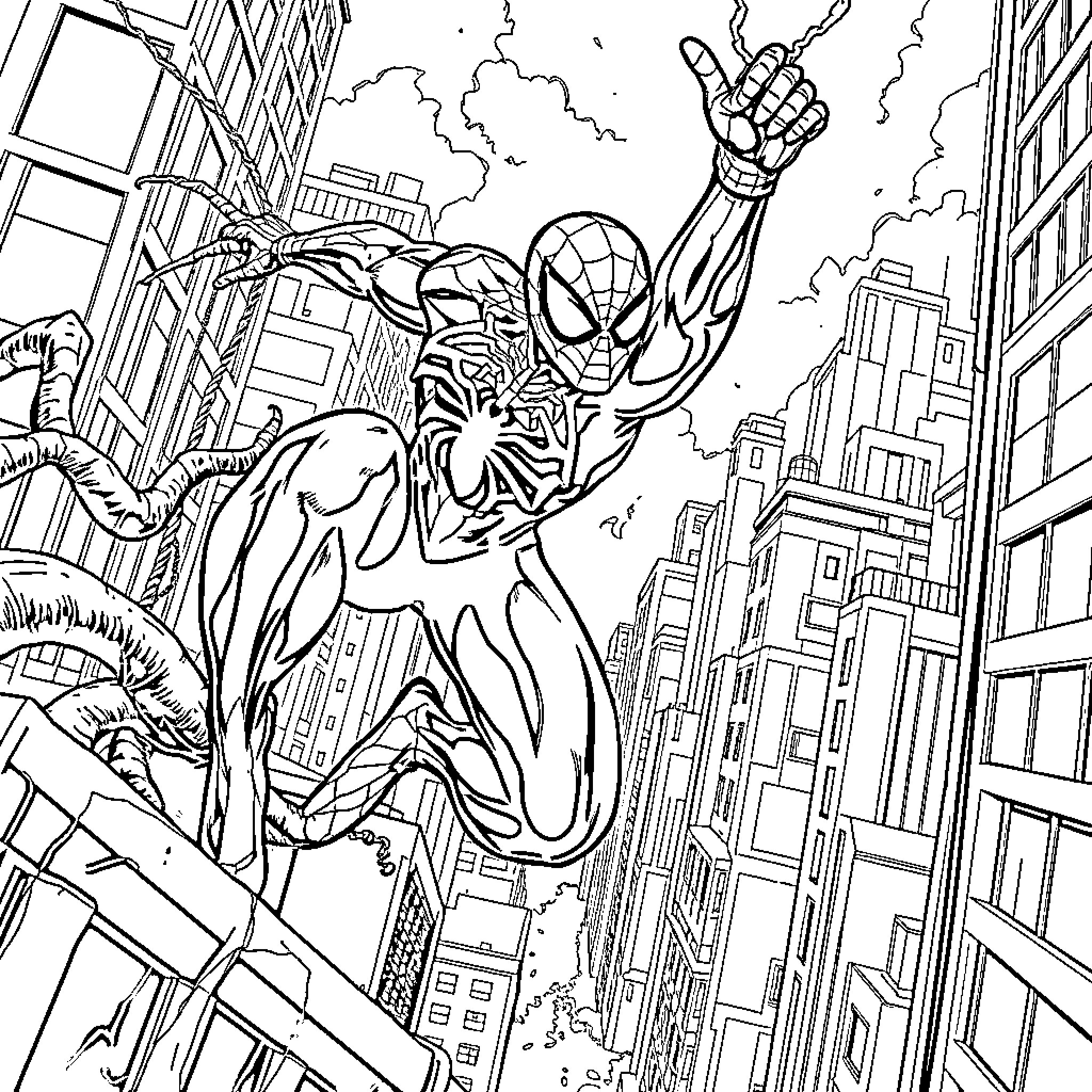 Spiderman swinging through the city skyline Coloring Page (free black-and-white line drawing printable PDF for all, from beginners to advanced learners, including children, teens, adults, and seniors)