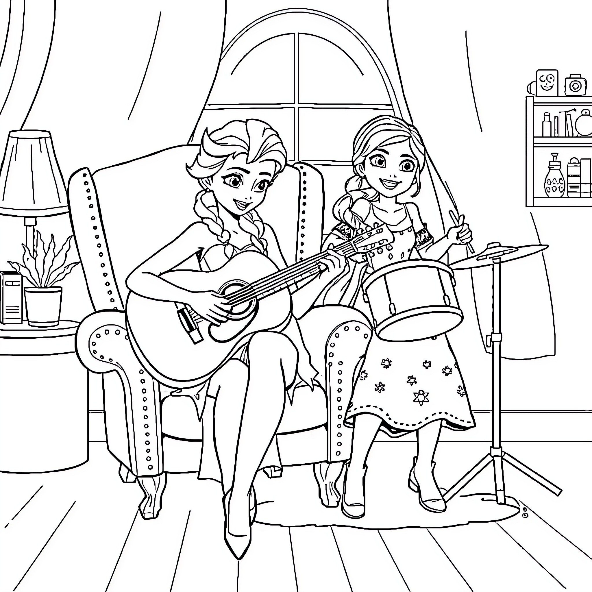 Elsa and Anna playing music in a cozy room Coloring Page (free black-and-white line drawing printable PDF for all, from beginners to advanced learners, including children, teens, adults, and seniors)