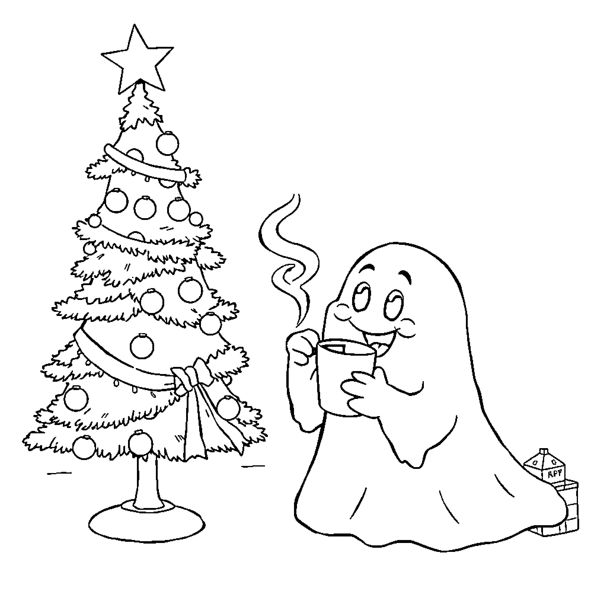 Ghost Enjoying Hot Beverage Near Christmas Tree Coloring Page (free black-and-white line drawing printable PDF for all, from beginners to advanced learners, including children, teens, adults, and seniors)