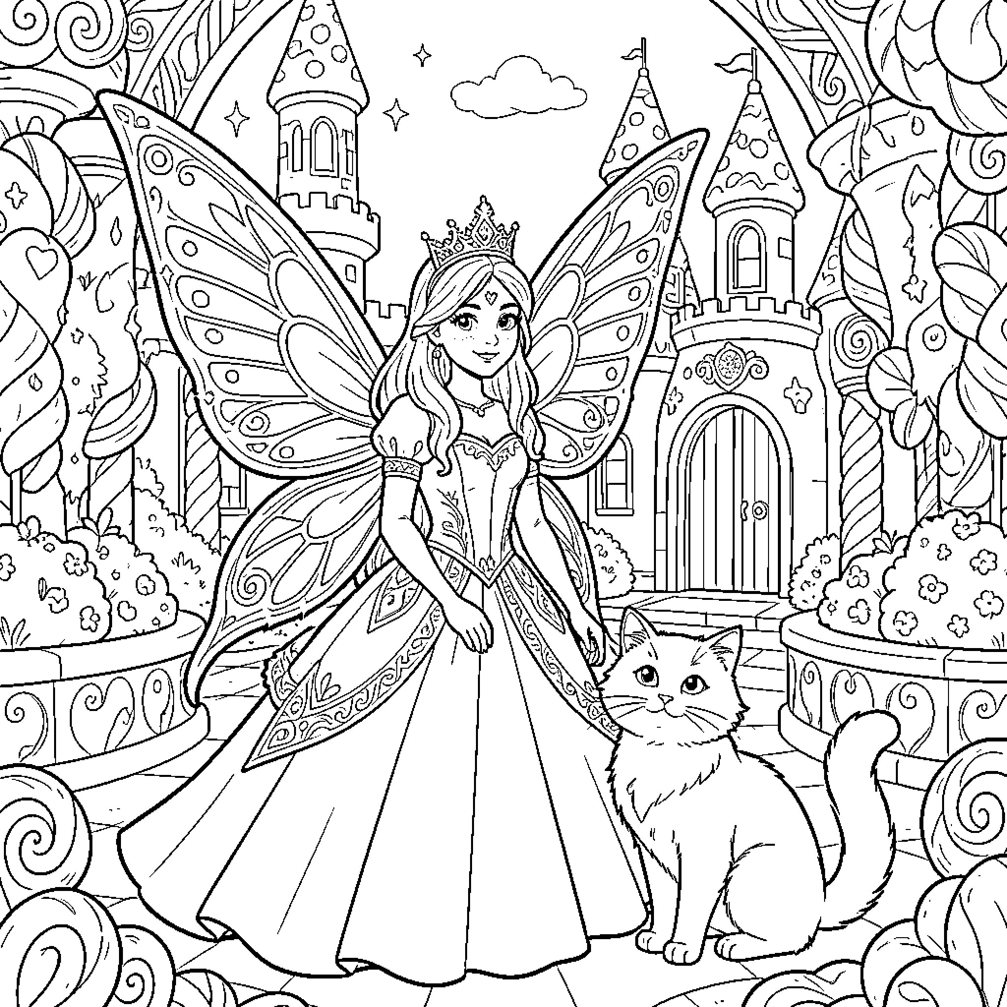 Hada fairy princess with cat in enchanted castle Coloring Page (free black-and-white line drawing printable PDF for all, from beginners to advanced learners, including children, teens, adults, and seniors)