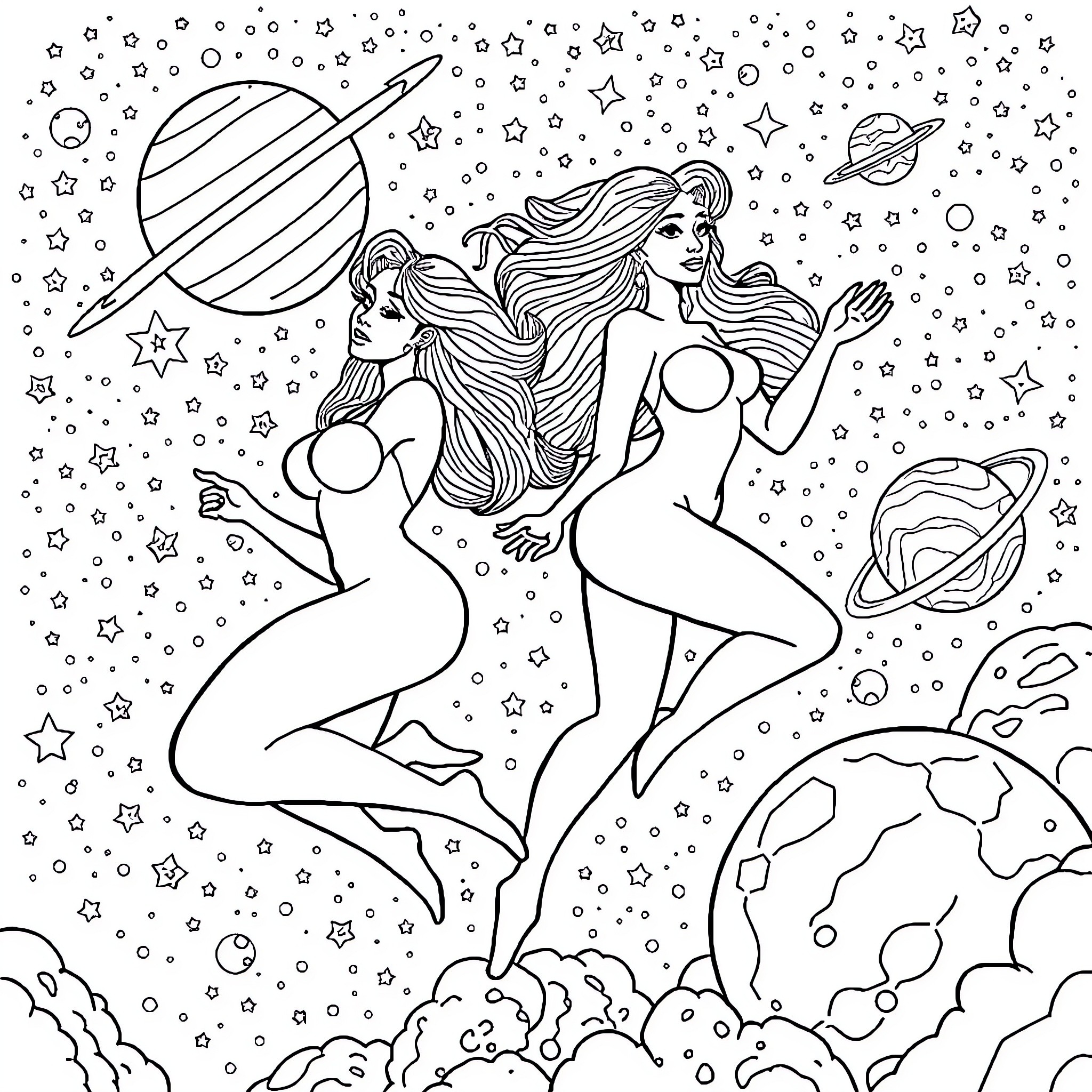 Body of cosmic figures in outer space Coloring Page (free black-and-white line drawing printable PDF for all, from beginners to advanced learners, including children, teens, adults, and seniors)