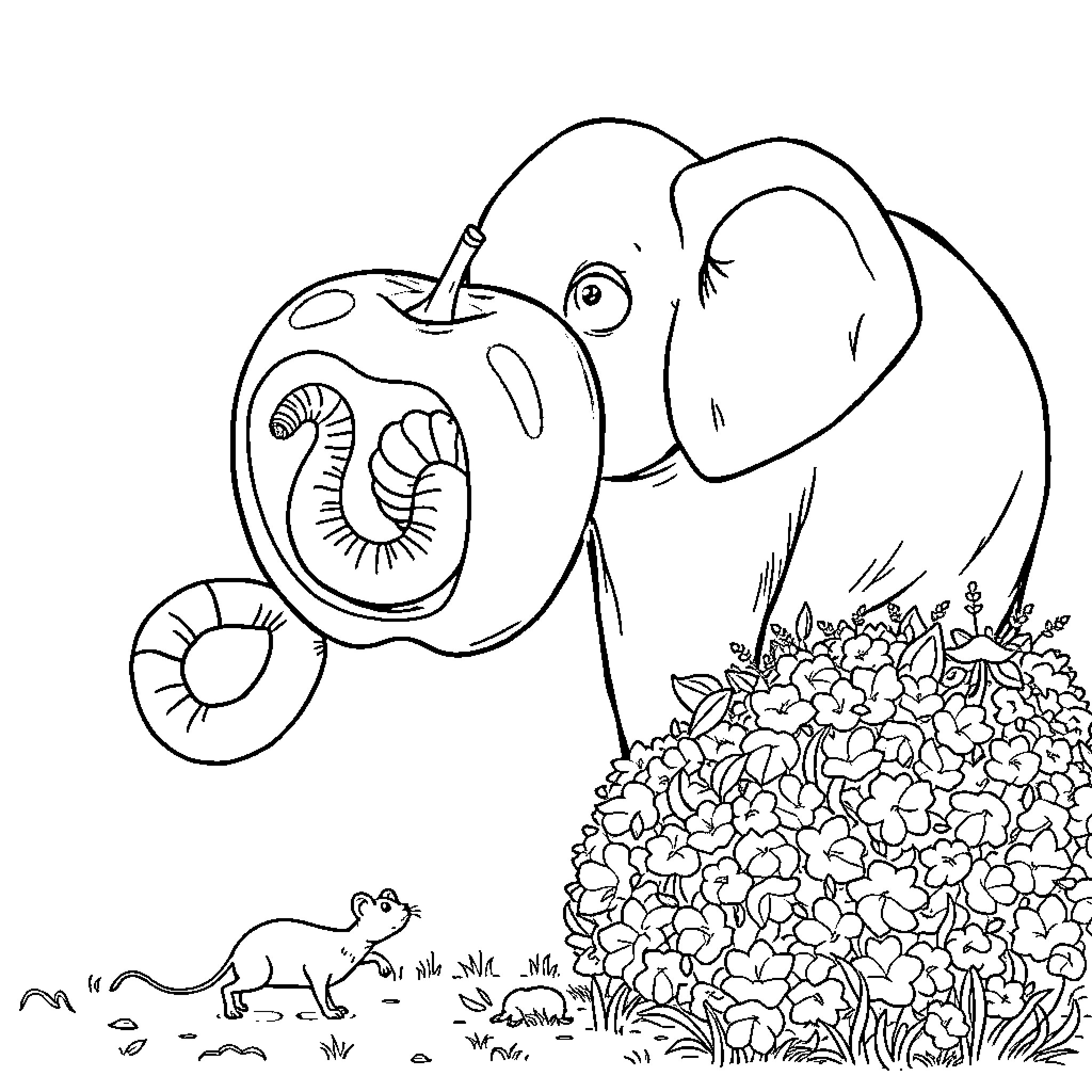 Worm exploring a quirky apple in nature Coloring Page (free black-and-white line drawing printable PDF for all, from beginners to advanced learners, including children, teens, adults, and seniors)