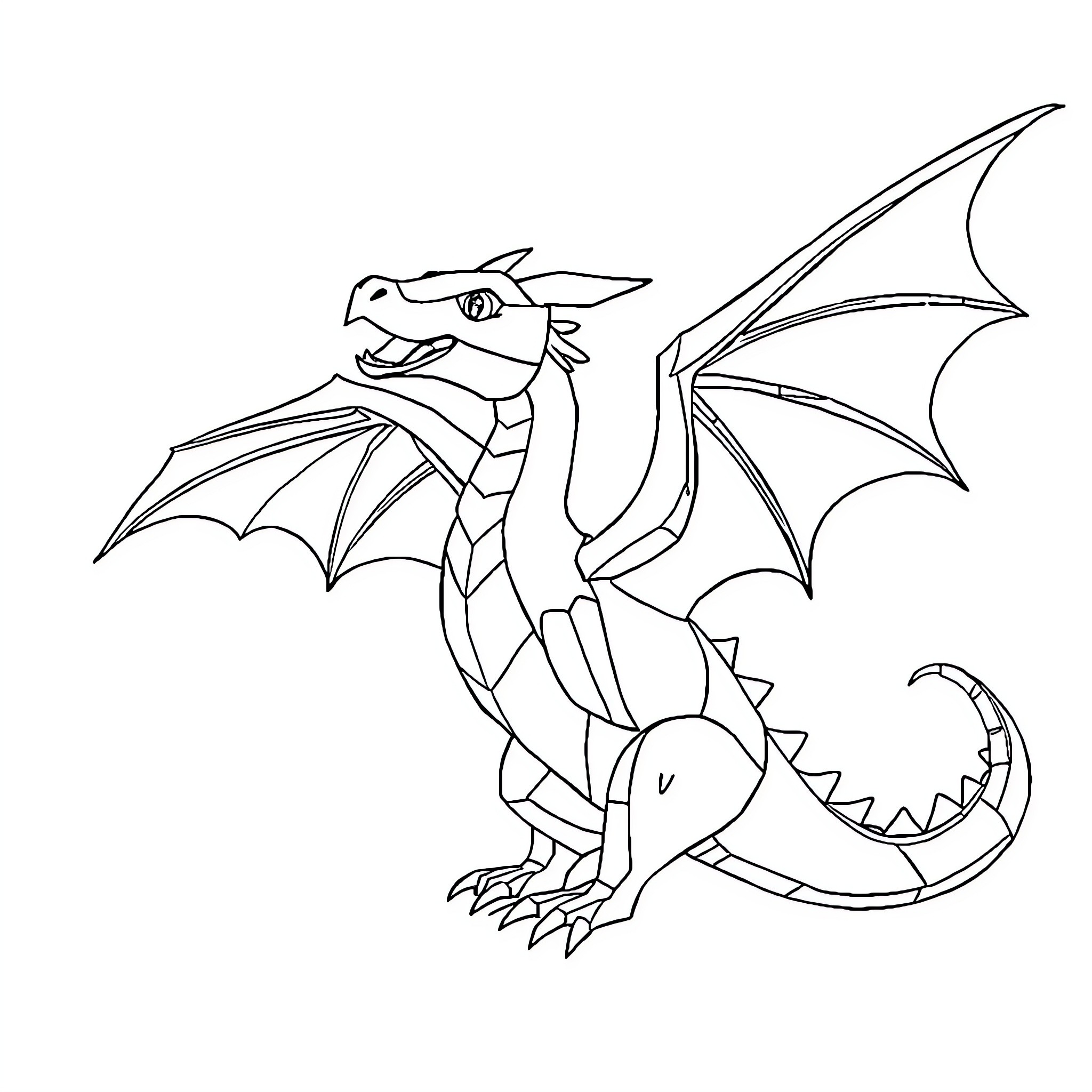 Dragon with Majestic Wings and Fangs Coloring Page (free black-and-white line drawing printable PDF for all, from beginners to advanced learners, including children, teens, adults, and seniors)