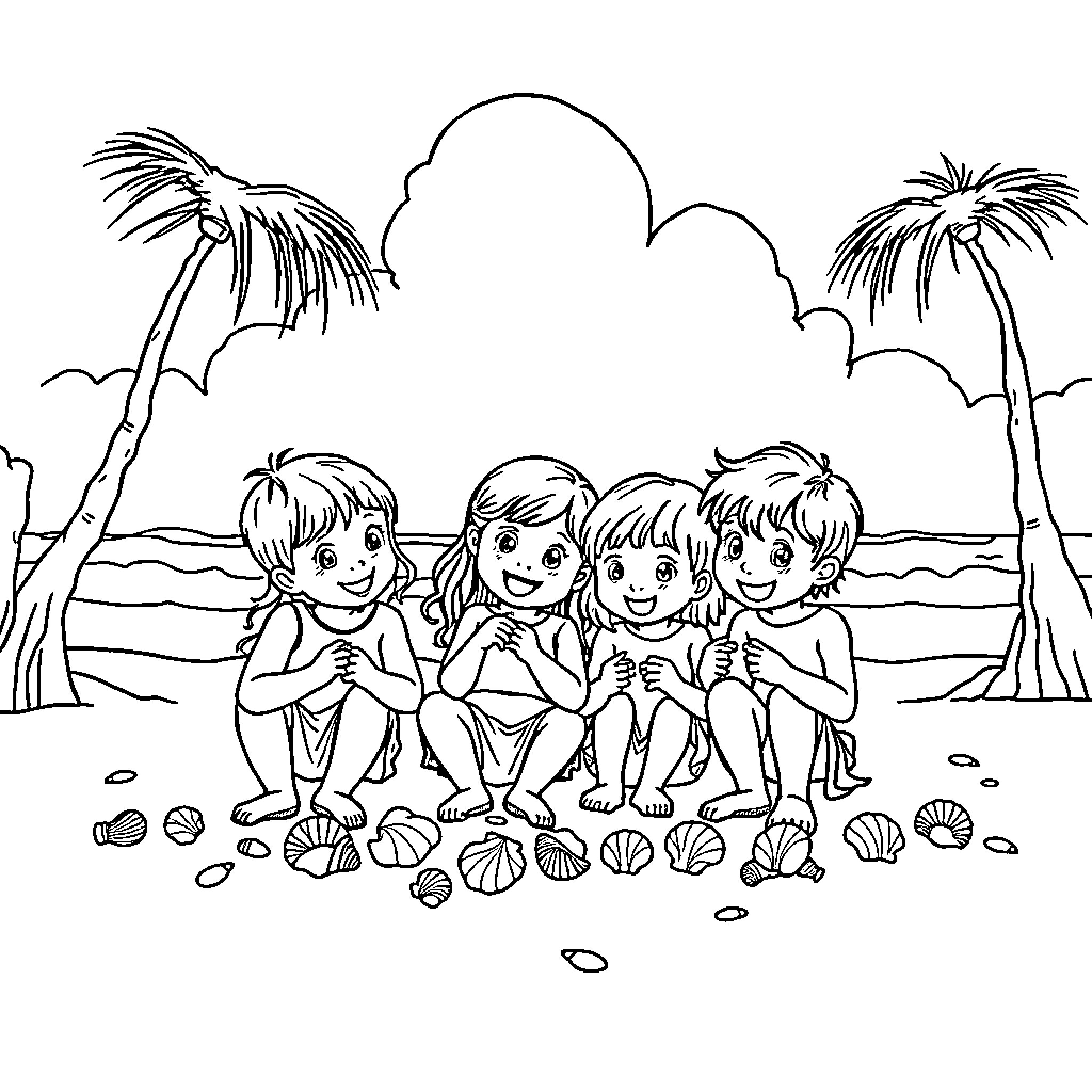 Seashell children playing on the beach Coloring Page (free black-and-white line drawing printable PDF for all, from beginners to advanced learners, including children, teens, adults, and seniors)