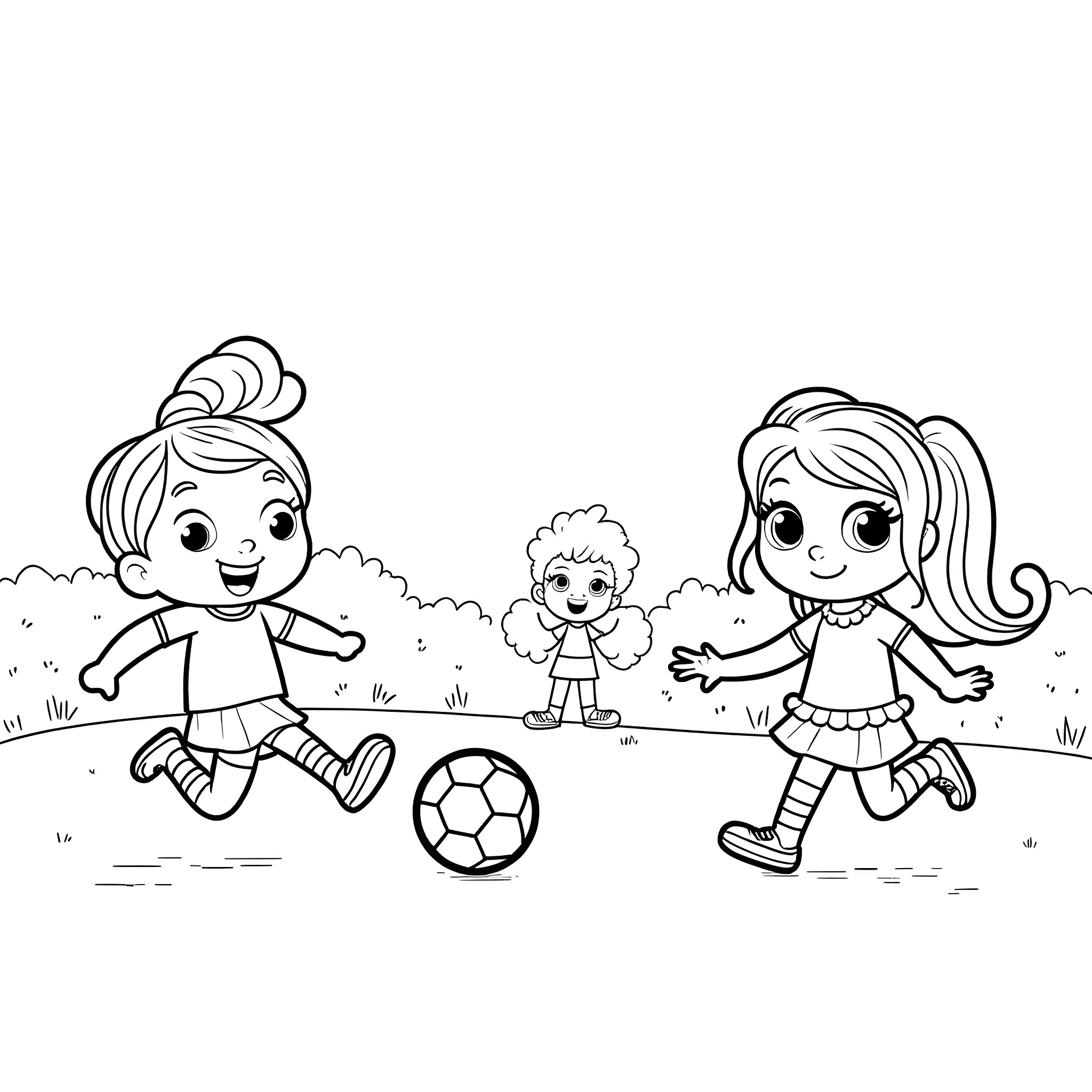 Gabby and friends playing soccer on the field Coloring Page (free black-and-white line drawing printable PDF for all, from beginners to advanced learners, including children, teens, adults, and seniors)