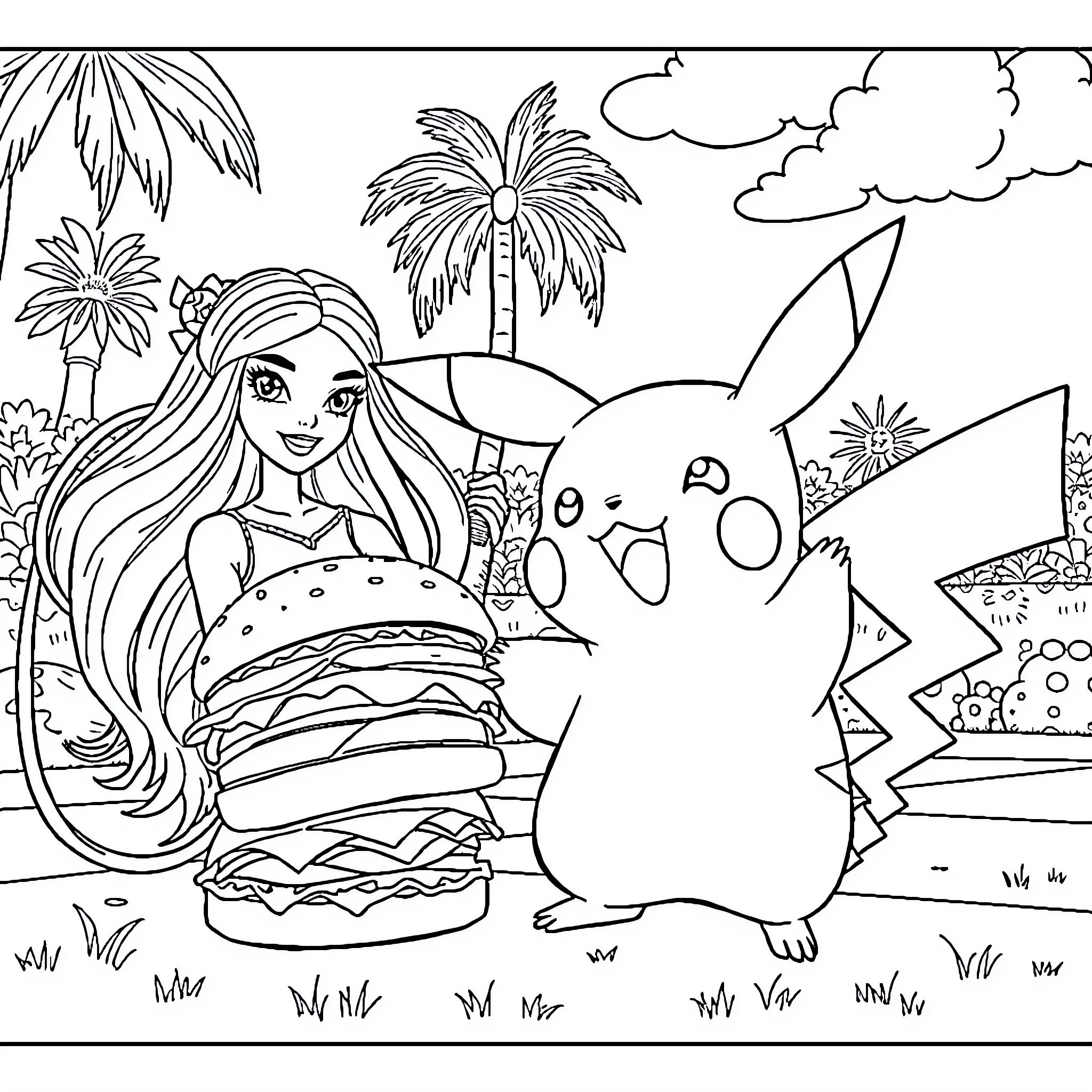 Pikachu and Beach Girl in Tropical Paradise Coloring Page (free black-and-white line drawing printable PDF for all, from beginners to advanced learners, including children, teens, adults, and seniors)