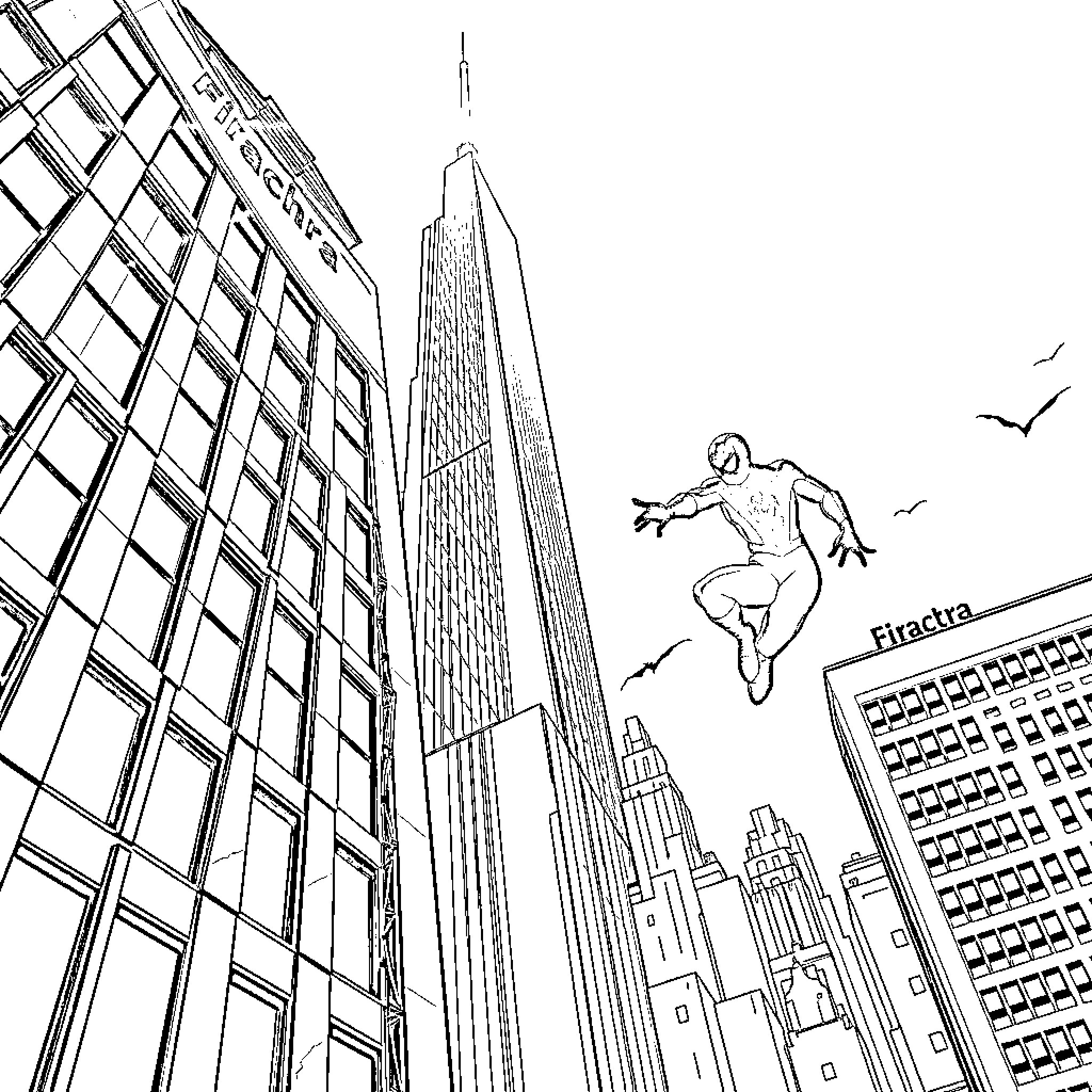 Spiderman swinging through the city skyline Coloring Page (free black-and-white line drawing printable PDF for all, from beginners to advanced learners, including children, teens, adults, and seniors)