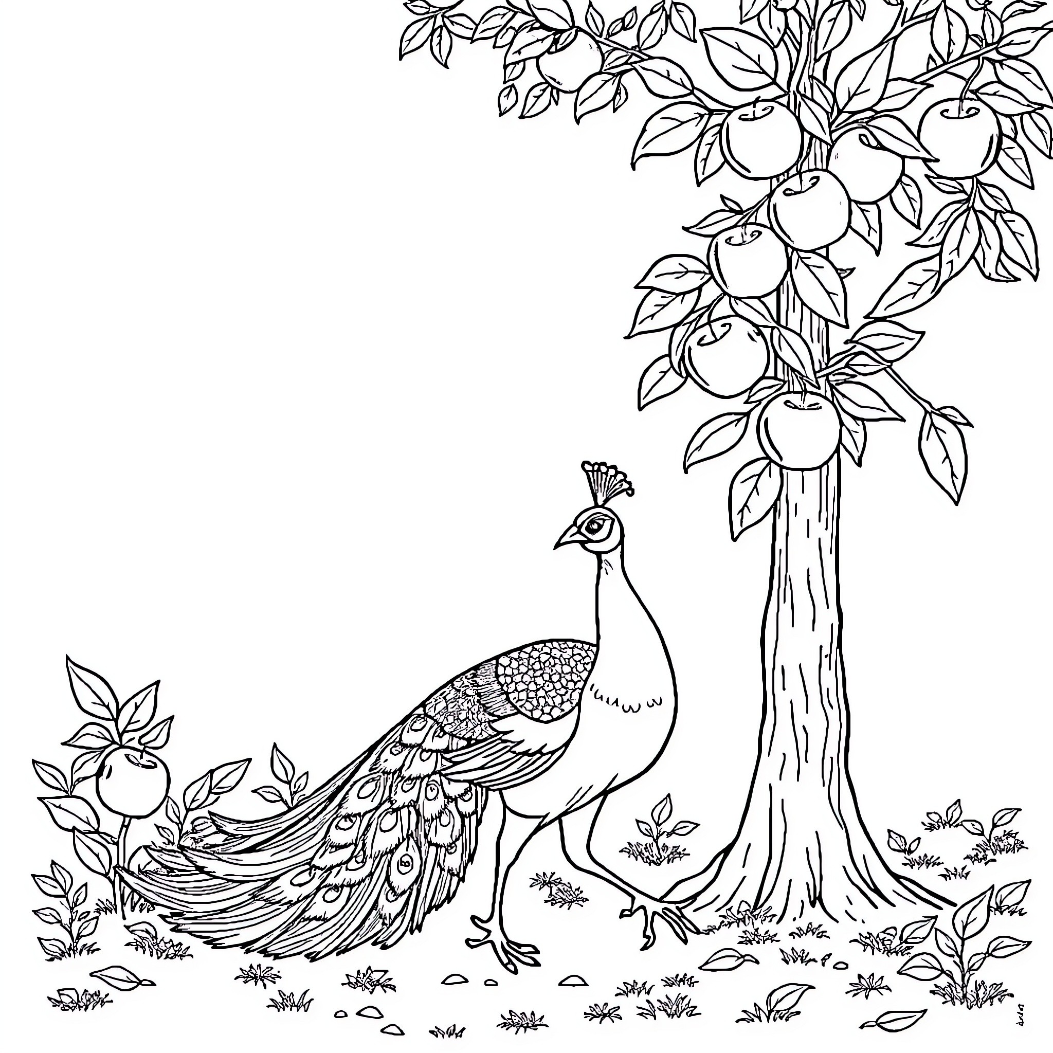 Peacock amid lush foliage and fruit tree Coloring Page (free black-and-white line drawing printable PDF for all, from beginners to advanced learners, including children, teens, adults, and seniors)