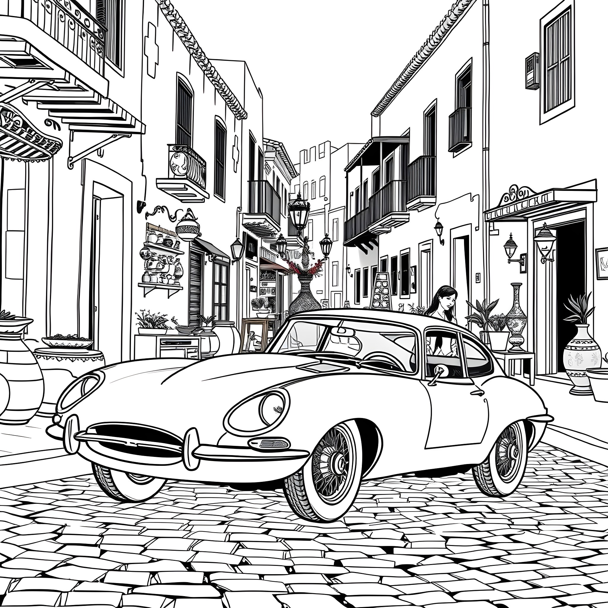 Jaguar classic car in historic European town Coloring Page (free black-and-white line drawing printable PDF for all, from beginners to advanced learners, including children, teens, adults, and seniors)