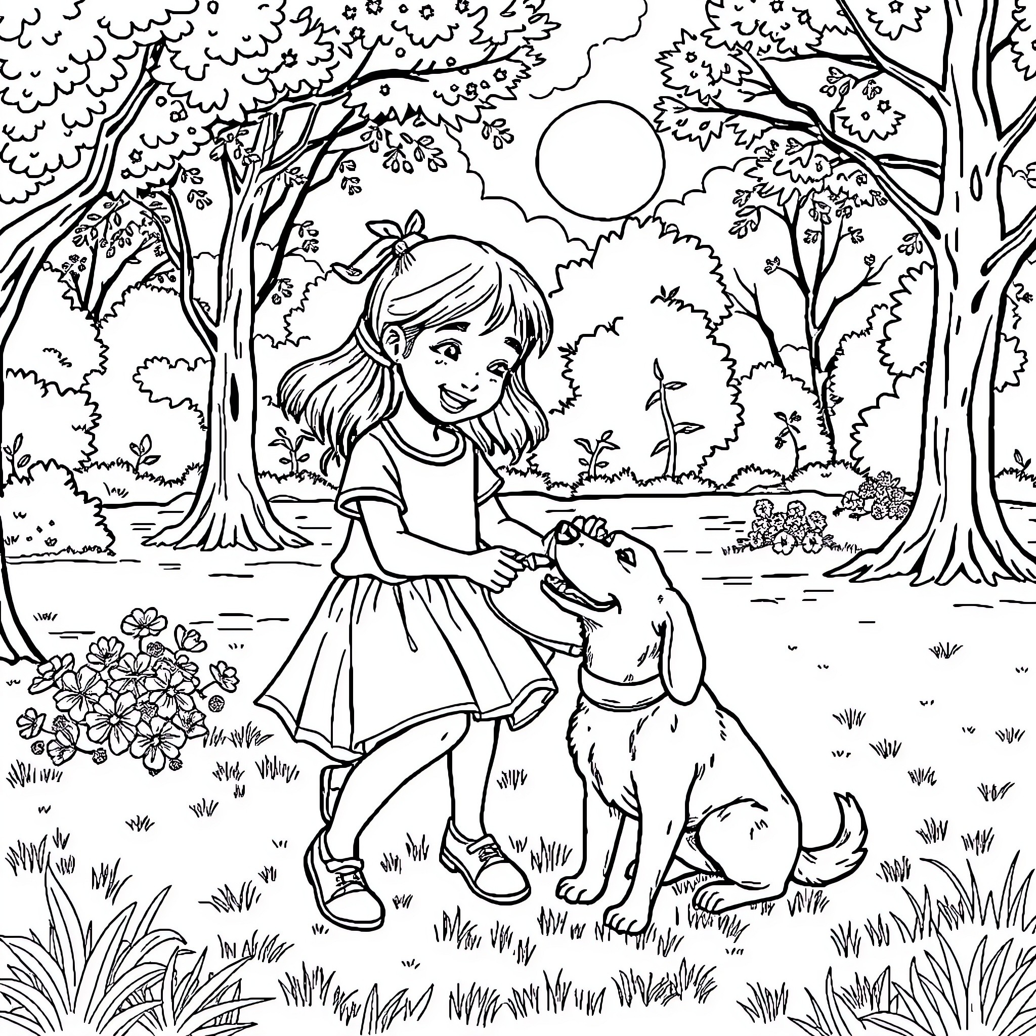 Girl Happily Playing with Her Loyal Companion Coloring Page (free black-and-white line drawing printable PDF for all, from beginners to advanced learners, including children, teens, adults, and seniors)