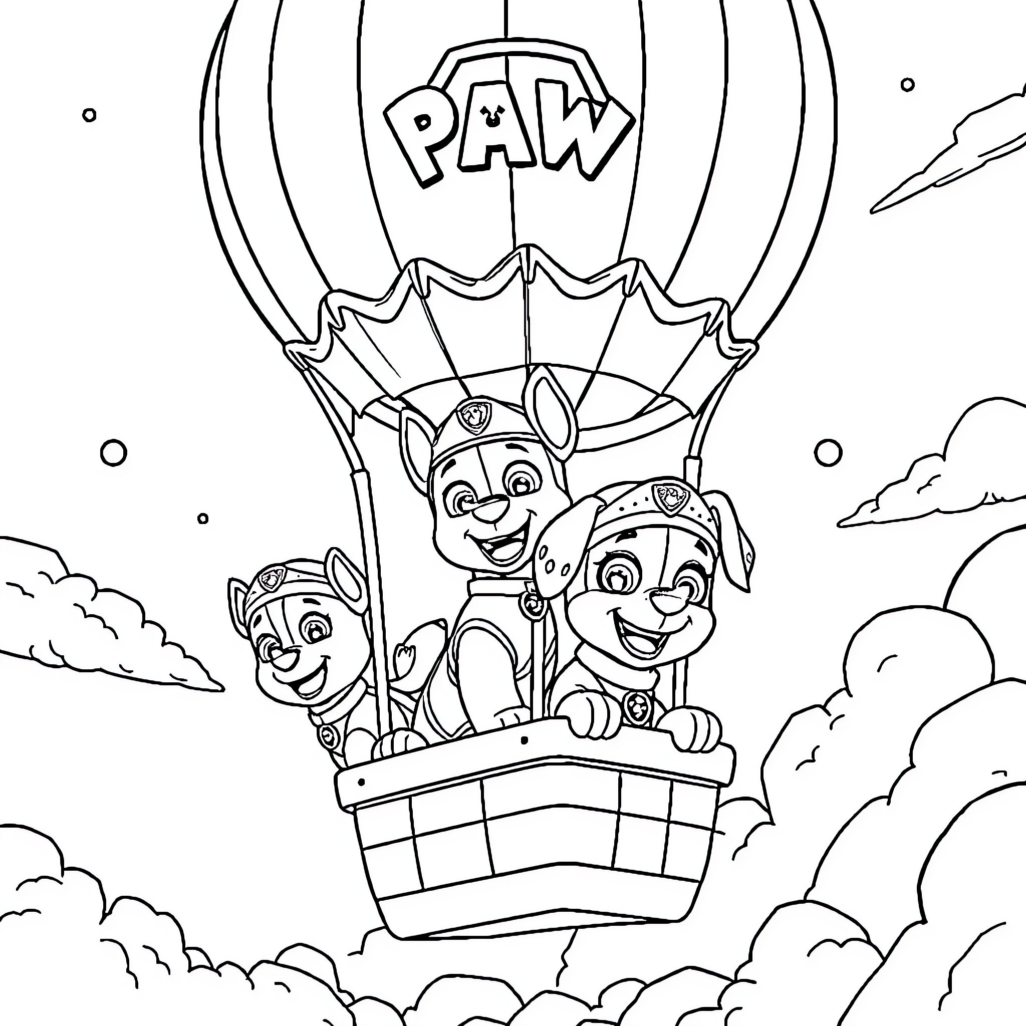 Paw Patrol Characters in Hot Air Balloon Adventure Coloring Page (free black-and-white line drawing printable PDF for all, from beginners to advanced learners, including children, teens, adults, and seniors)