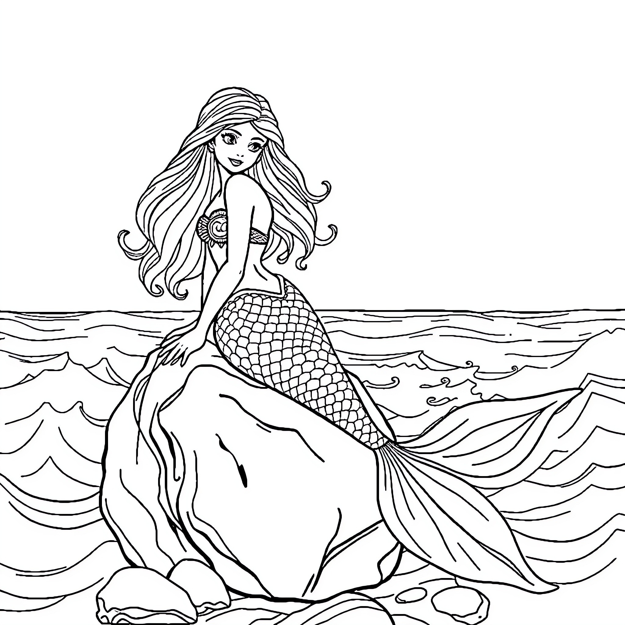 Mermaid lounging on a rock in the sea Coloring Page (free black-and-white line drawing printable PDF for all, from beginners to advanced learners, including children, teens, adults, and seniors)