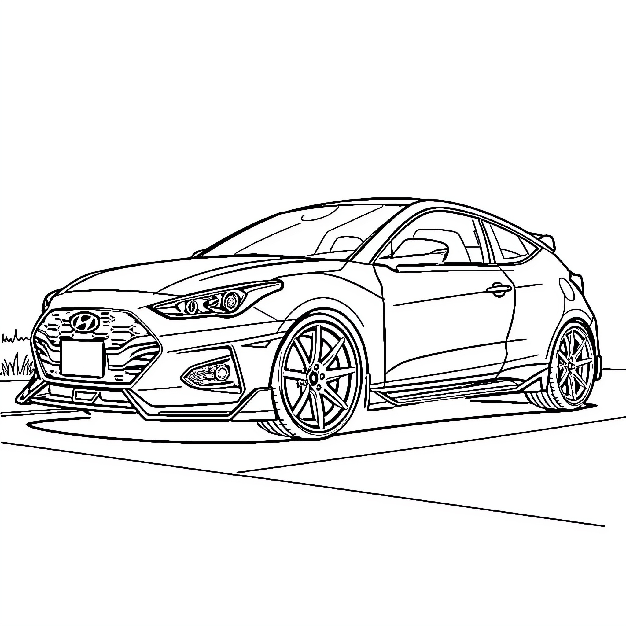 Hyundai sports car on the road Coloring Page (free black-and-white line drawing printable PDF for all, from beginners to advanced learners, including children, teens, adults, and seniors)