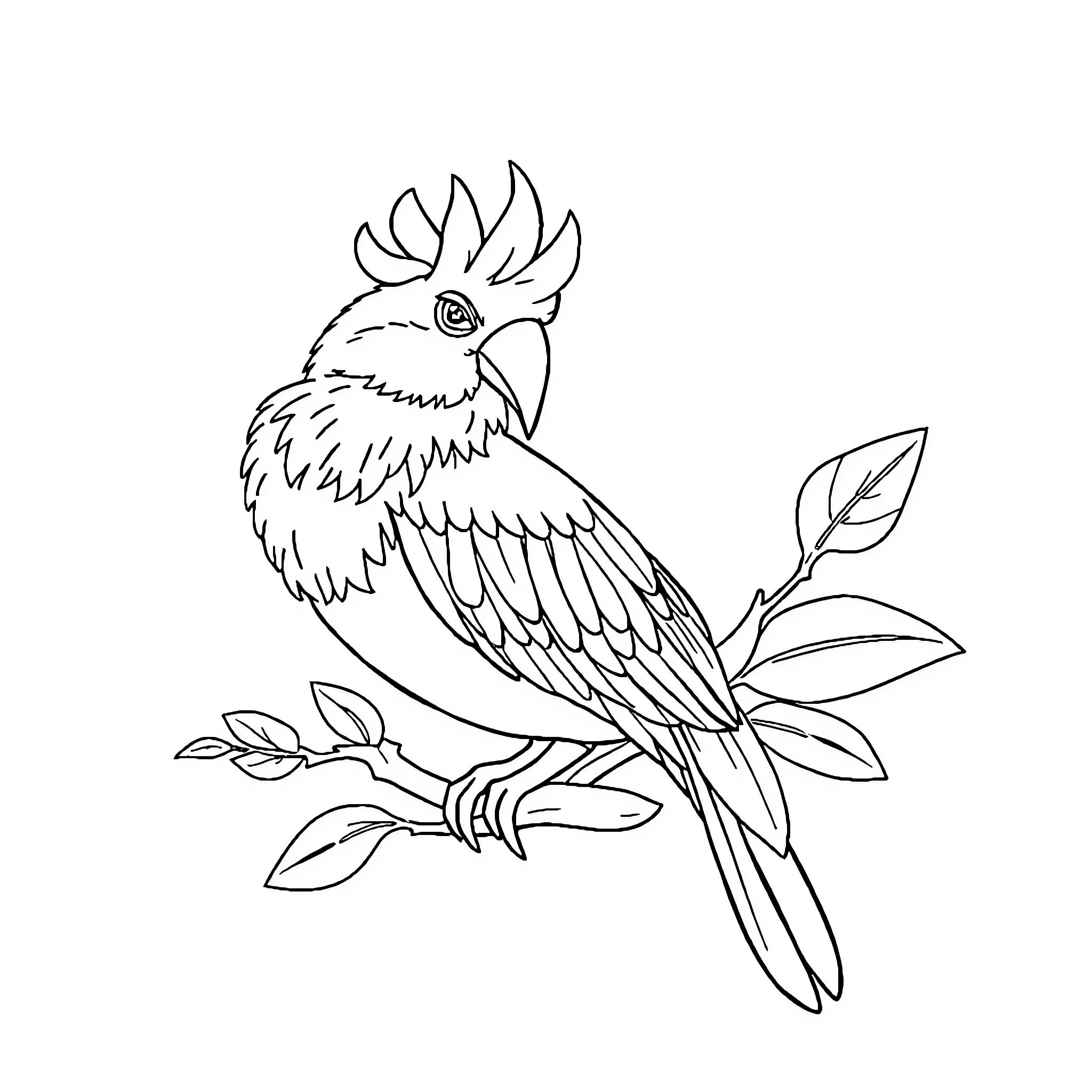 Animal perched on branch with leaves Coloring Page (free black-and-white line drawing printable PDF for all, from beginners to advanced learners, including children, teens, adults, and seniors)