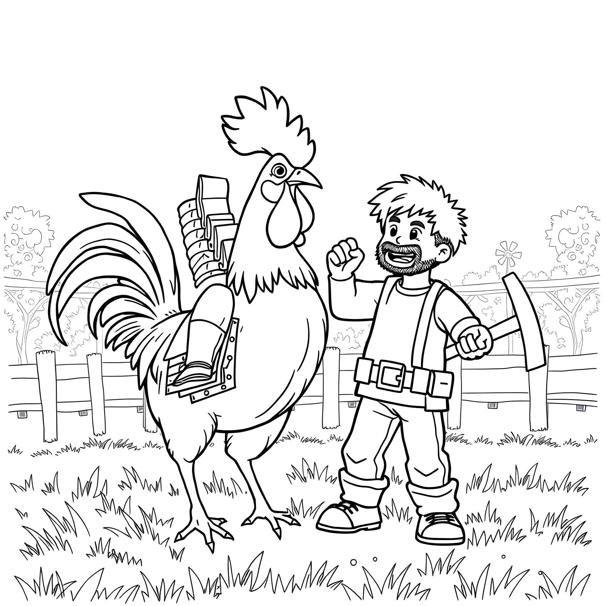 Chicken Jockey helping and interacting with rooster on the farm Coloring Page (free black-and-white line drawing printable PDF for all, from beginners to advanced learners, including children, teens, adults, and seniors)