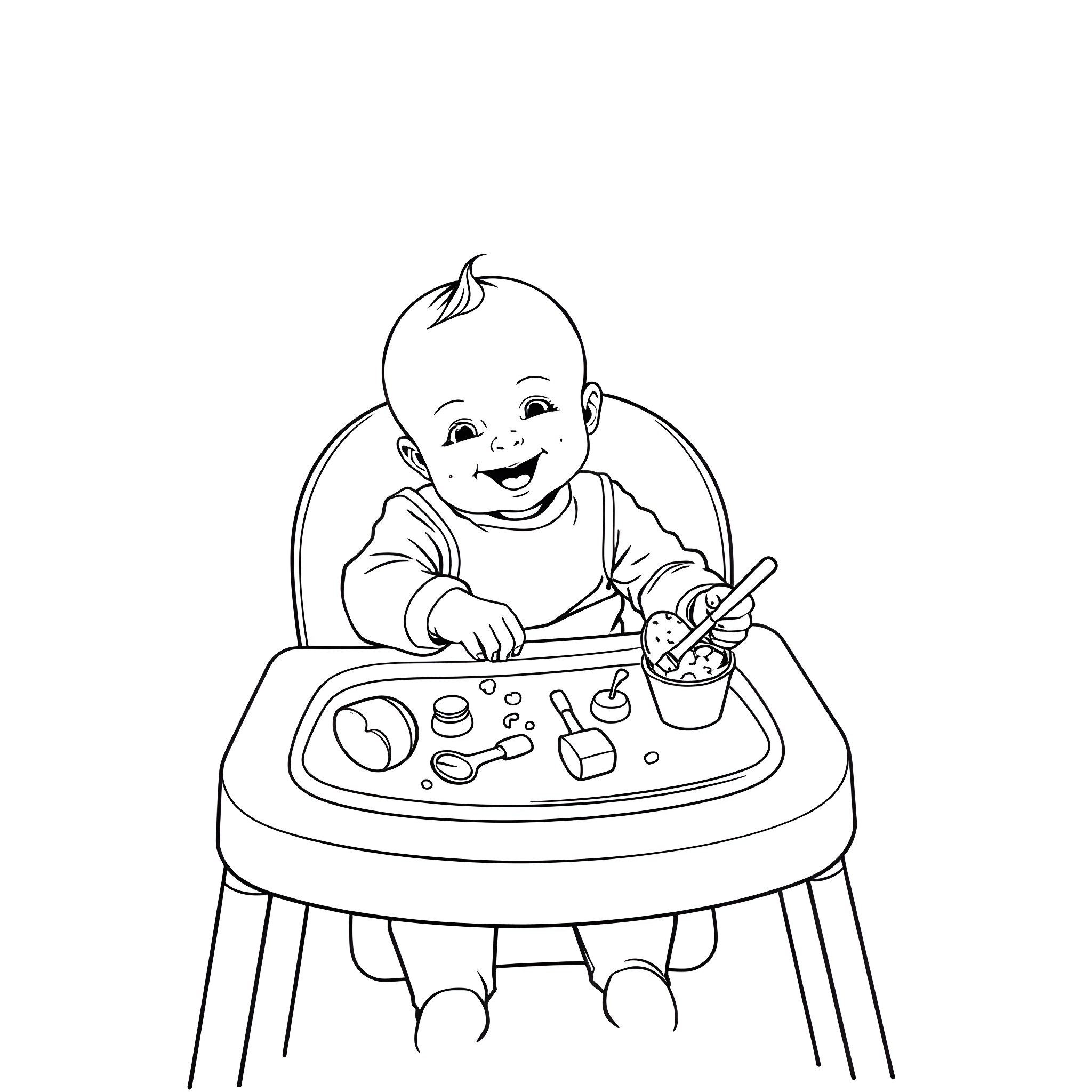 Baby eating happily in high chair Coloring Page (free black-and-white line drawing printable PDF for all, from beginners to advanced learners, including children, teens, adults, and seniors)