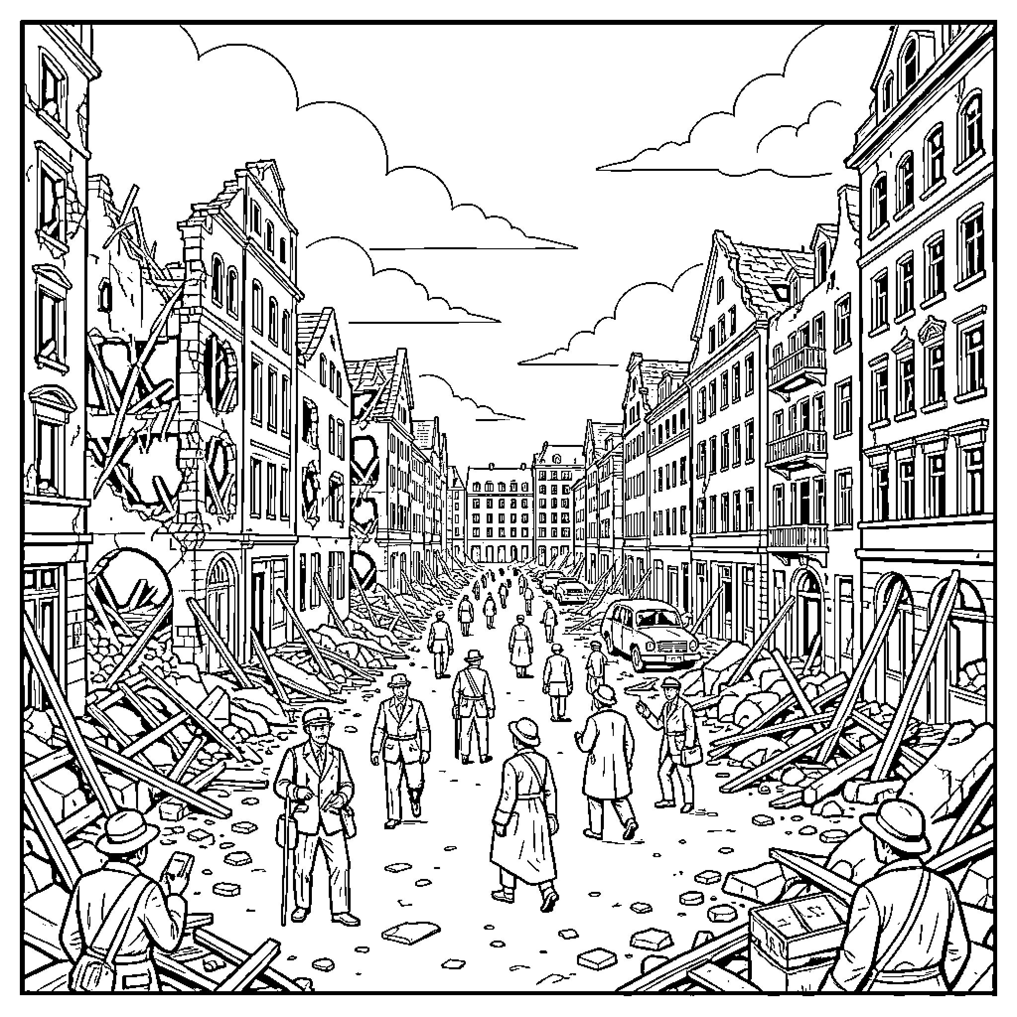 Berlin street scene of people and damaged buildings Coloring Page (free black-and-white line drawing printable PDF for all, from beginners to advanced learners, including children, teens, adults, and seniors)