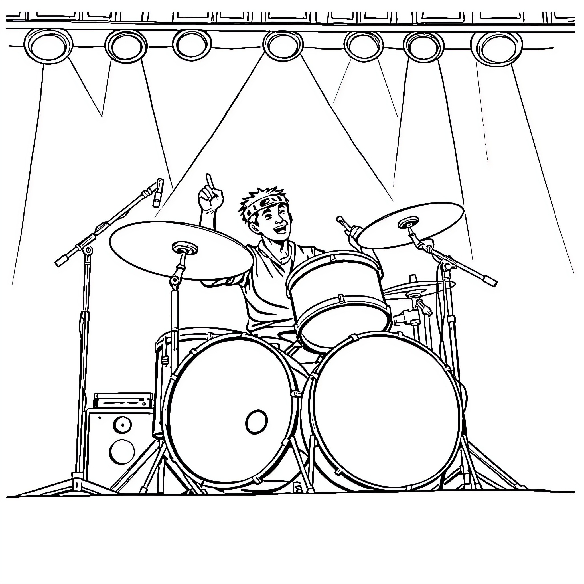 Lion drummer on stage performing Coloring Page (free black-and-white line drawing printable PDF for all, from beginners to advanced learners, including children, teens, adults, and seniors)