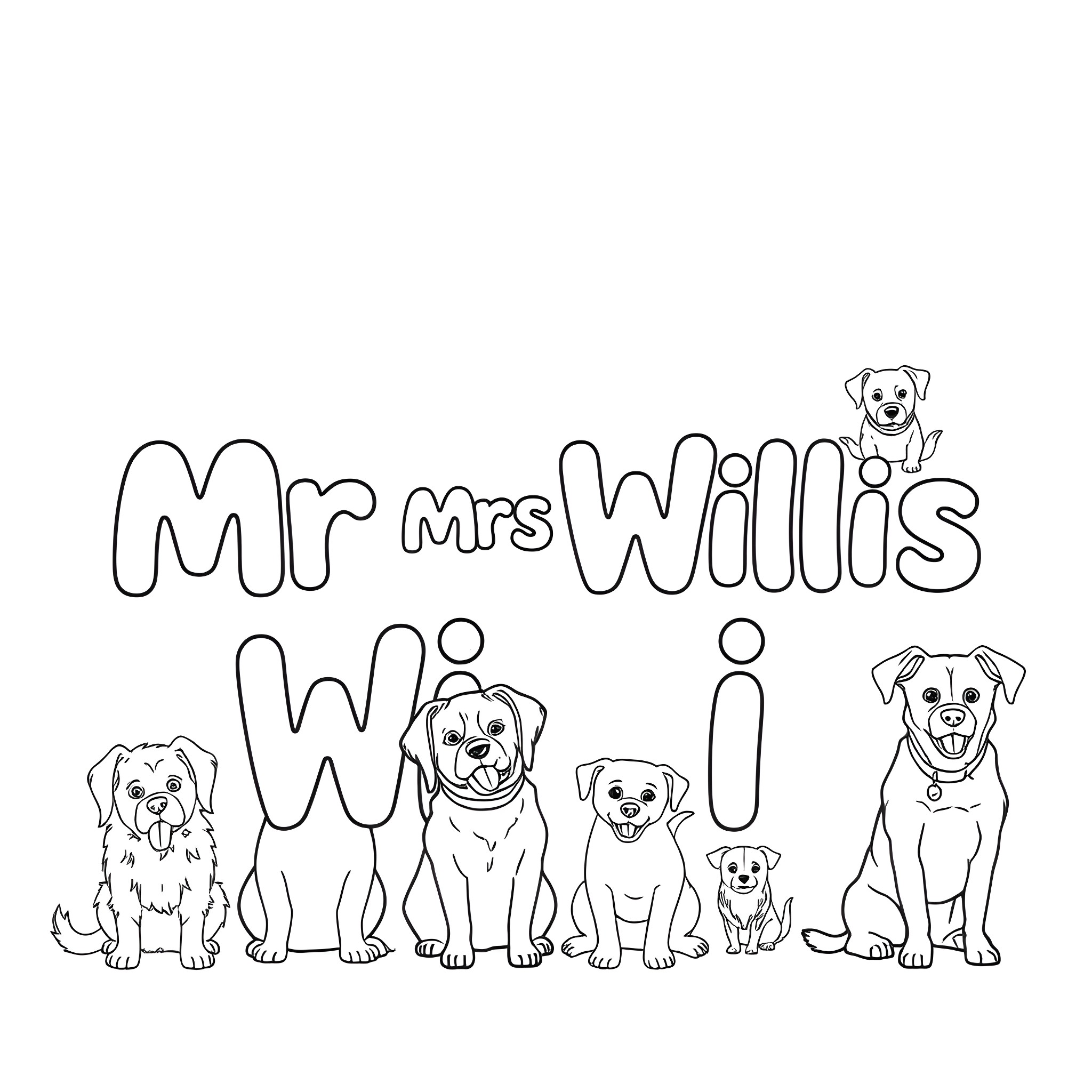 Dog family portrait with text Coloring Page (free black-and-white line drawing printable PDF for all, from beginners to advanced learners, including children, teens, adults, and seniors)