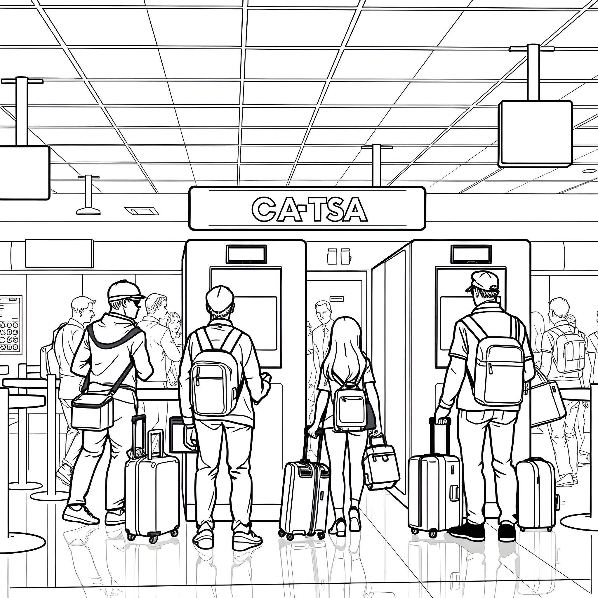 Security Checkpoint with Travelers in Airport Coloring Page (free black-and-white line drawing printable PDF for all, from beginners to advanced learners, including children, teens, adults, and seniors)
