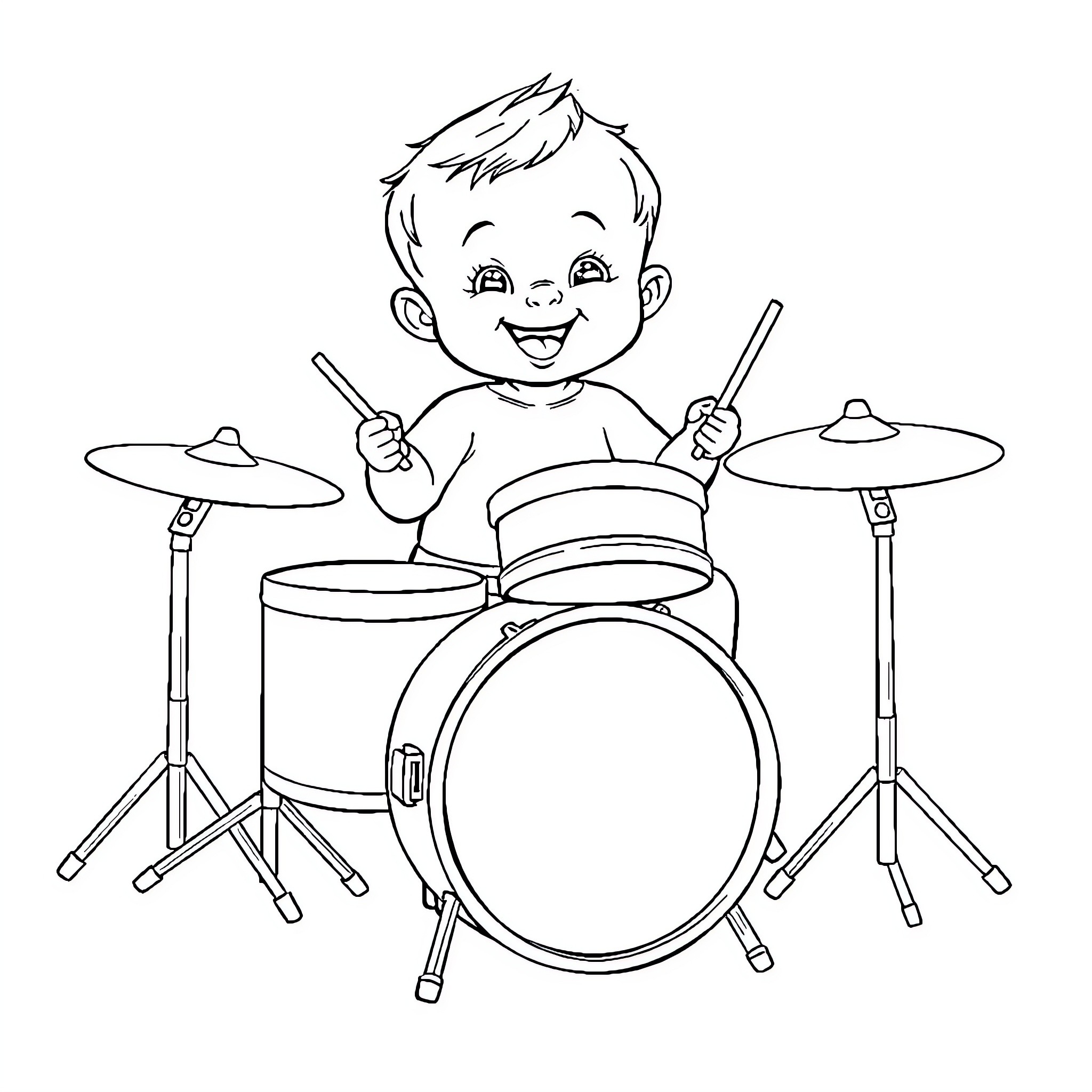 Baby playing joyfully on the drums Coloring Page (free black-and-white line drawing printable PDF for all, from beginners to advanced learners, including children, teens, adults, and seniors)