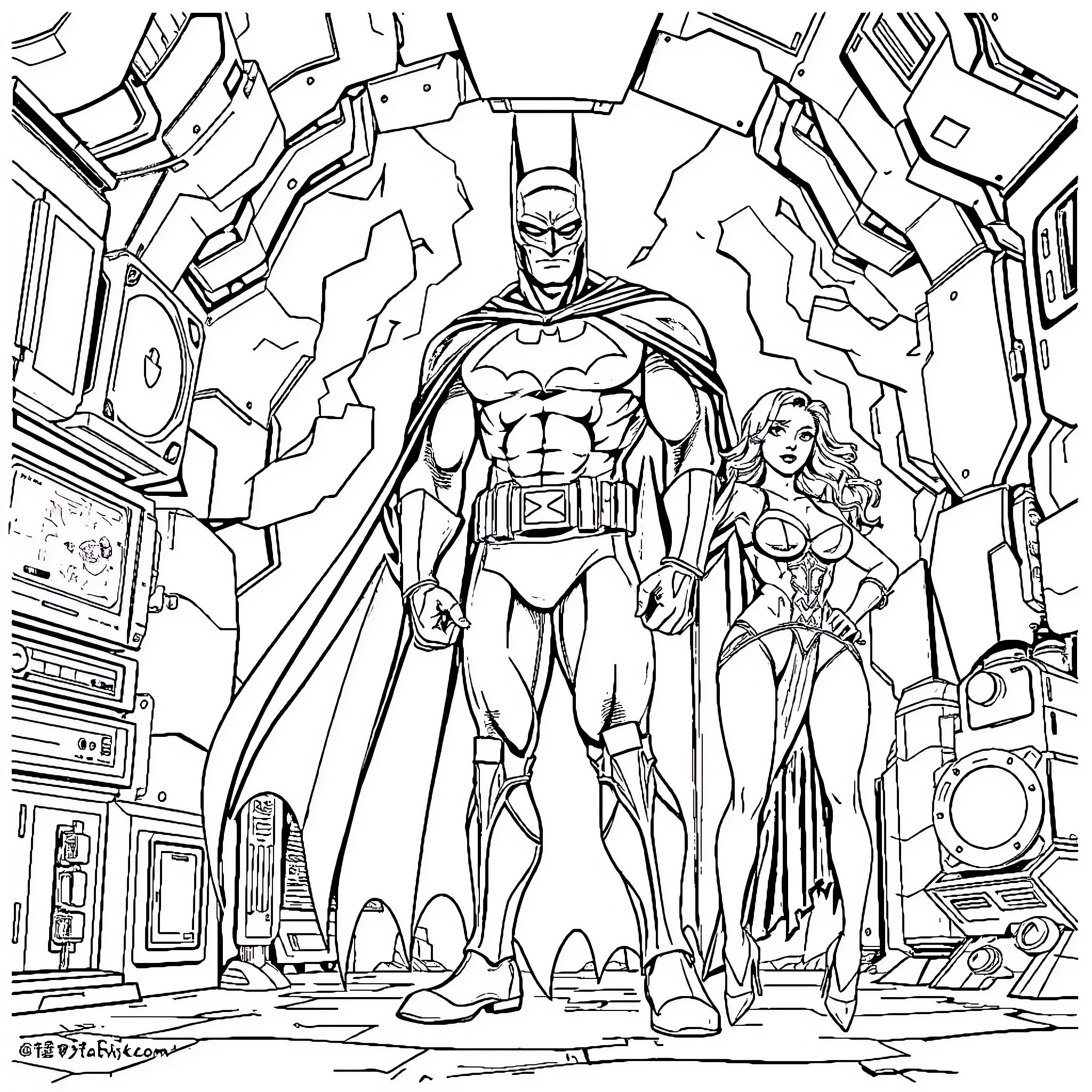 Batman and Wonder Woman in Heroic Pose Coloring Page (free black-and-white line drawing printable PDF for all, from beginners to advanced learners, including children, teens, adults, and seniors)