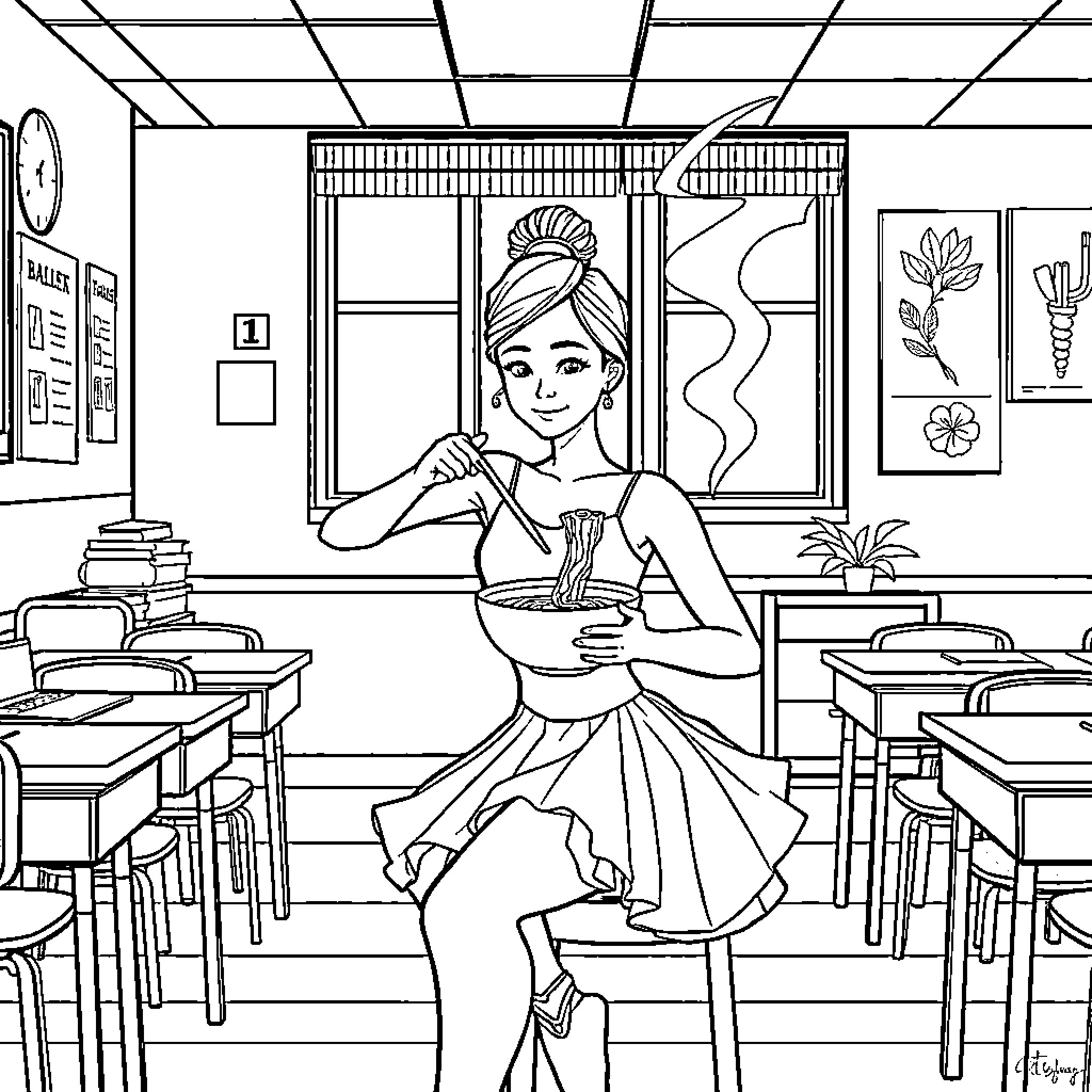 Ballet Dancer Stretching in a Classroom Setting Coloring Page (free black-and-white line drawing printable PDF for all, from beginners to advanced learners, including children, teens, adults, and seniors)