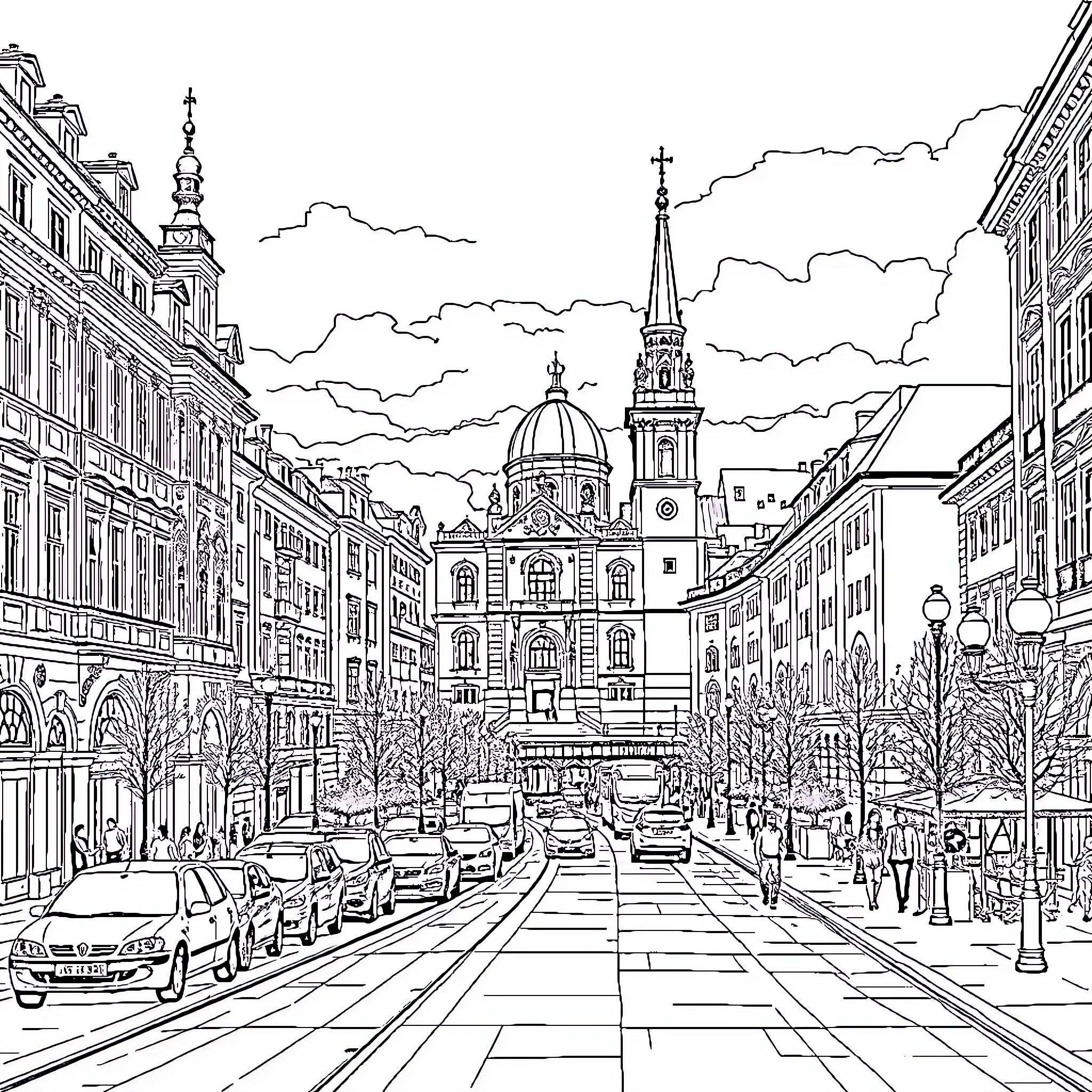 Warsaw cityscape with historic architecture and pedestrians Coloring Page (free black-and-white line drawing printable PDF for all, from beginners to advanced learners, including children, teens, adults, and seniors)